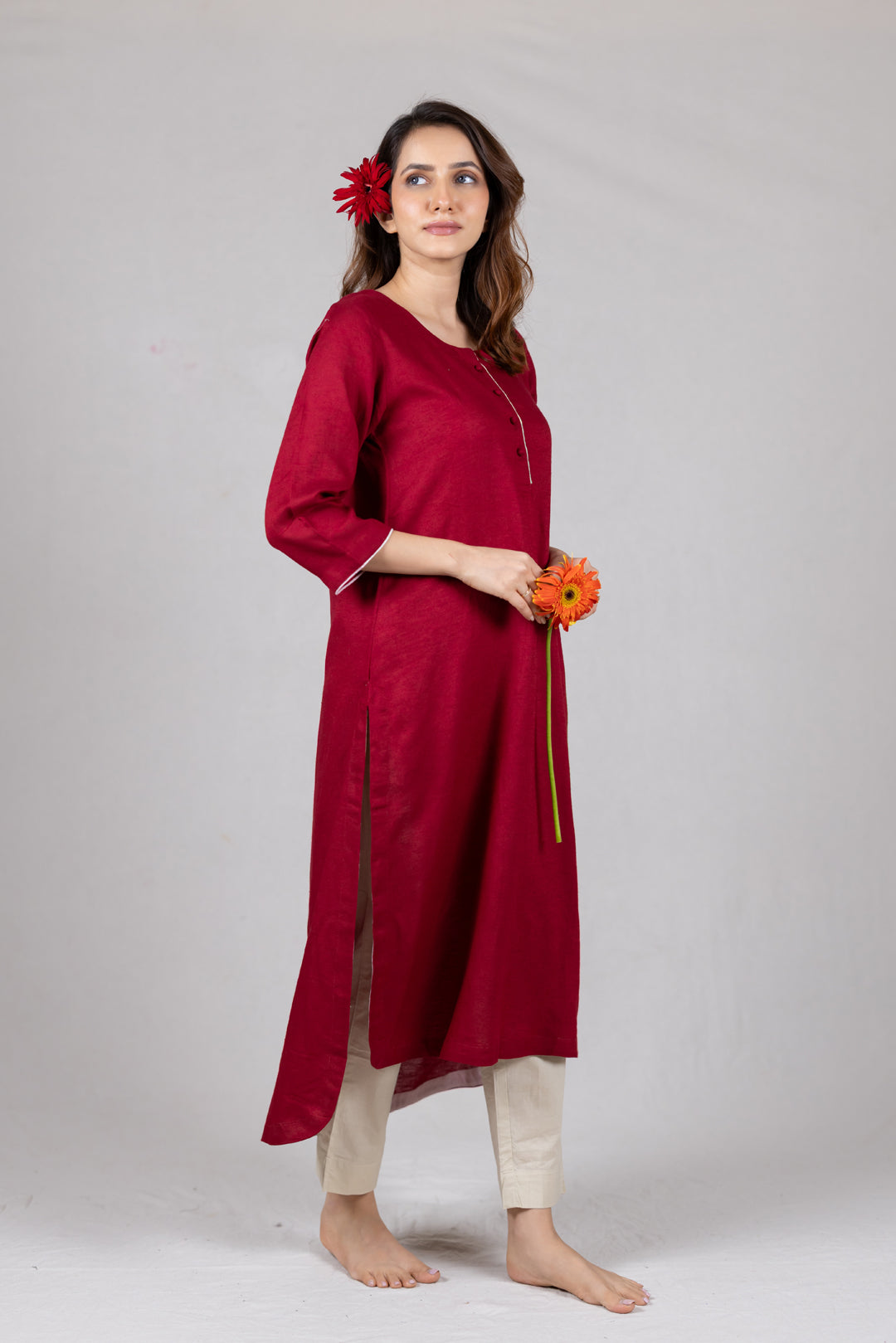 Moss Cotton Kurta in Solid Red in High-Low Hem - Sahaj