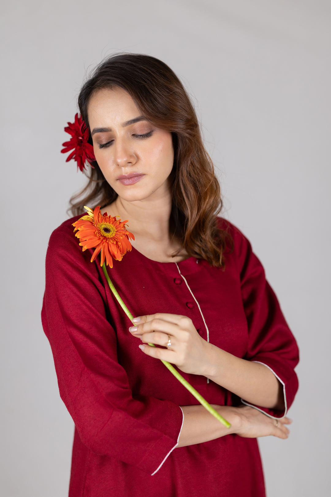 Moss Cotton Kurta in Solid Red in High-Low Hem - Sahaj