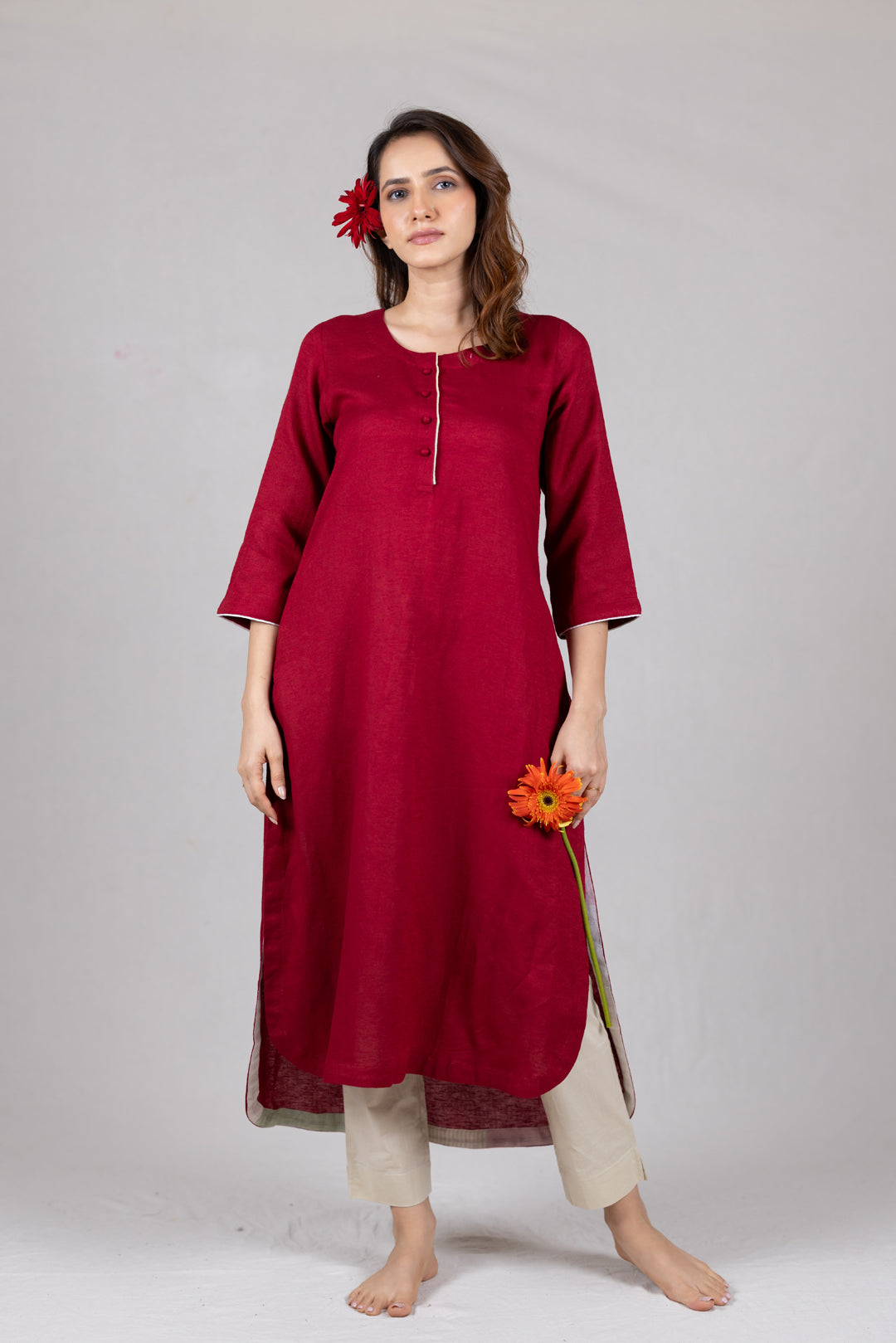 Moss Cotton Kurta in Solid Red in High-Low Hem - Sahaj