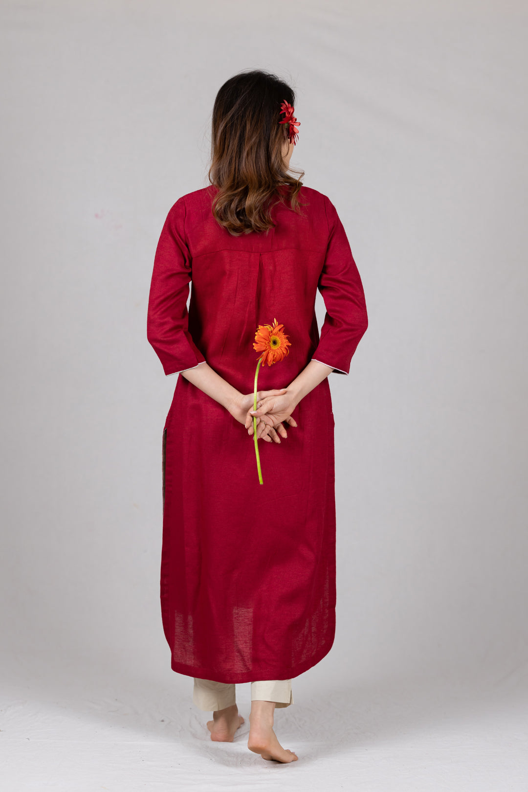 Moss Cotton Kurta in Solid Red in High-Low Hem - Sahaj