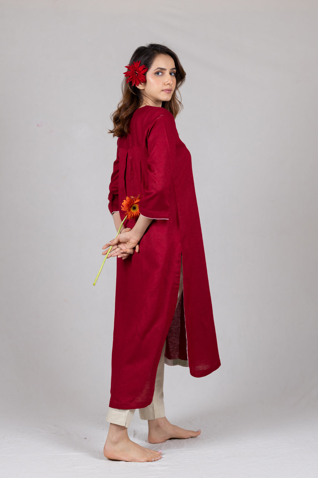 Moss Cotton Kurta in Solid Red in High-Low Hem - Sahaj
