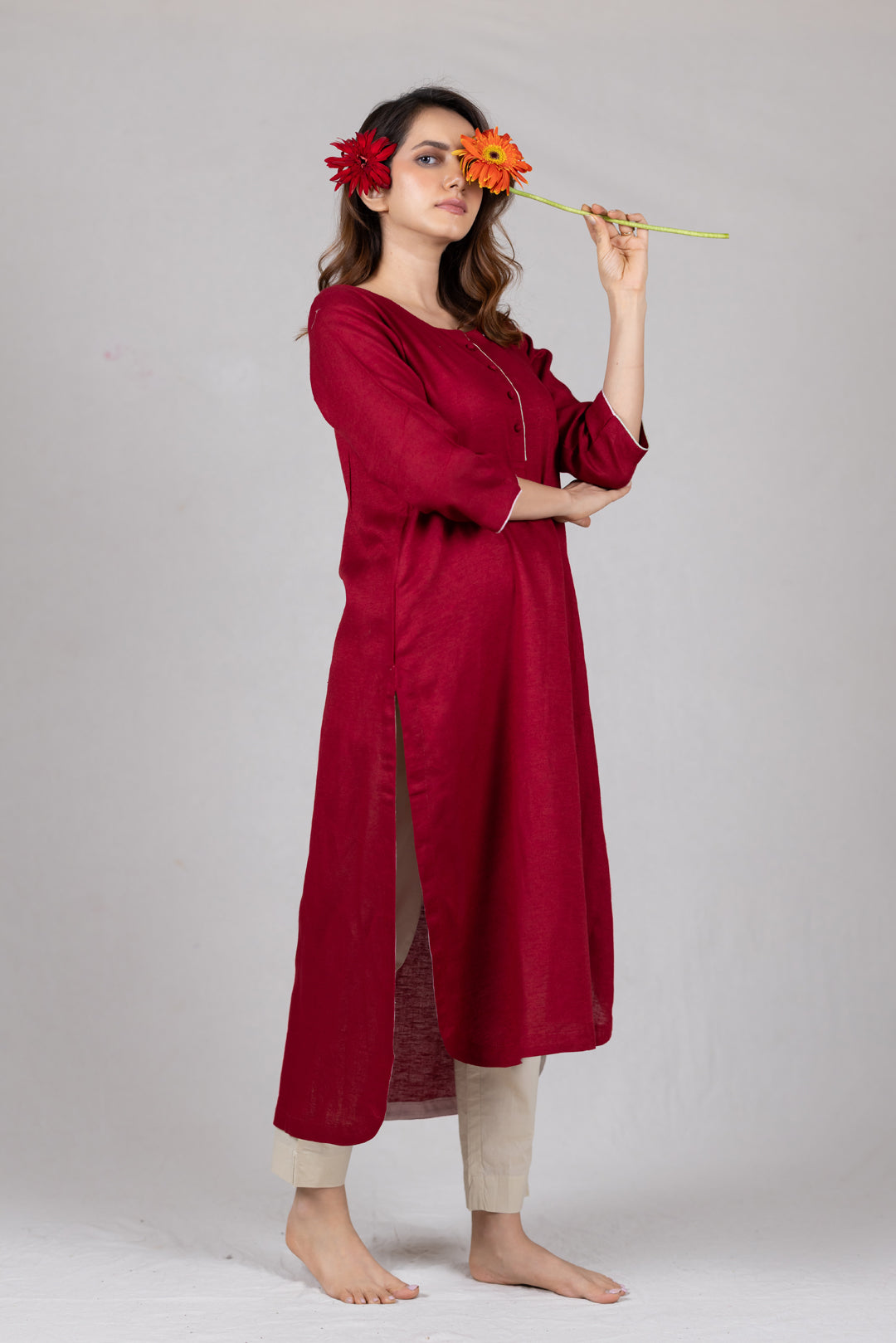 Moss Cotton Kurta in Solid Red in High-Low Hem - Sahaj