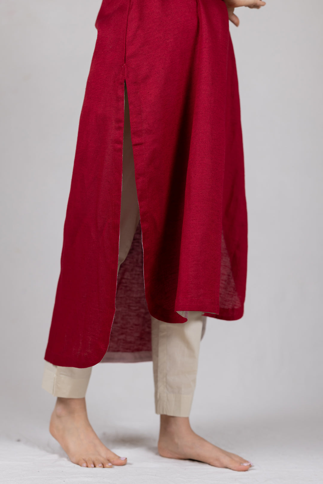 Moss Cotton Kurta in Solid Red in High-Low Hem - Sahaj