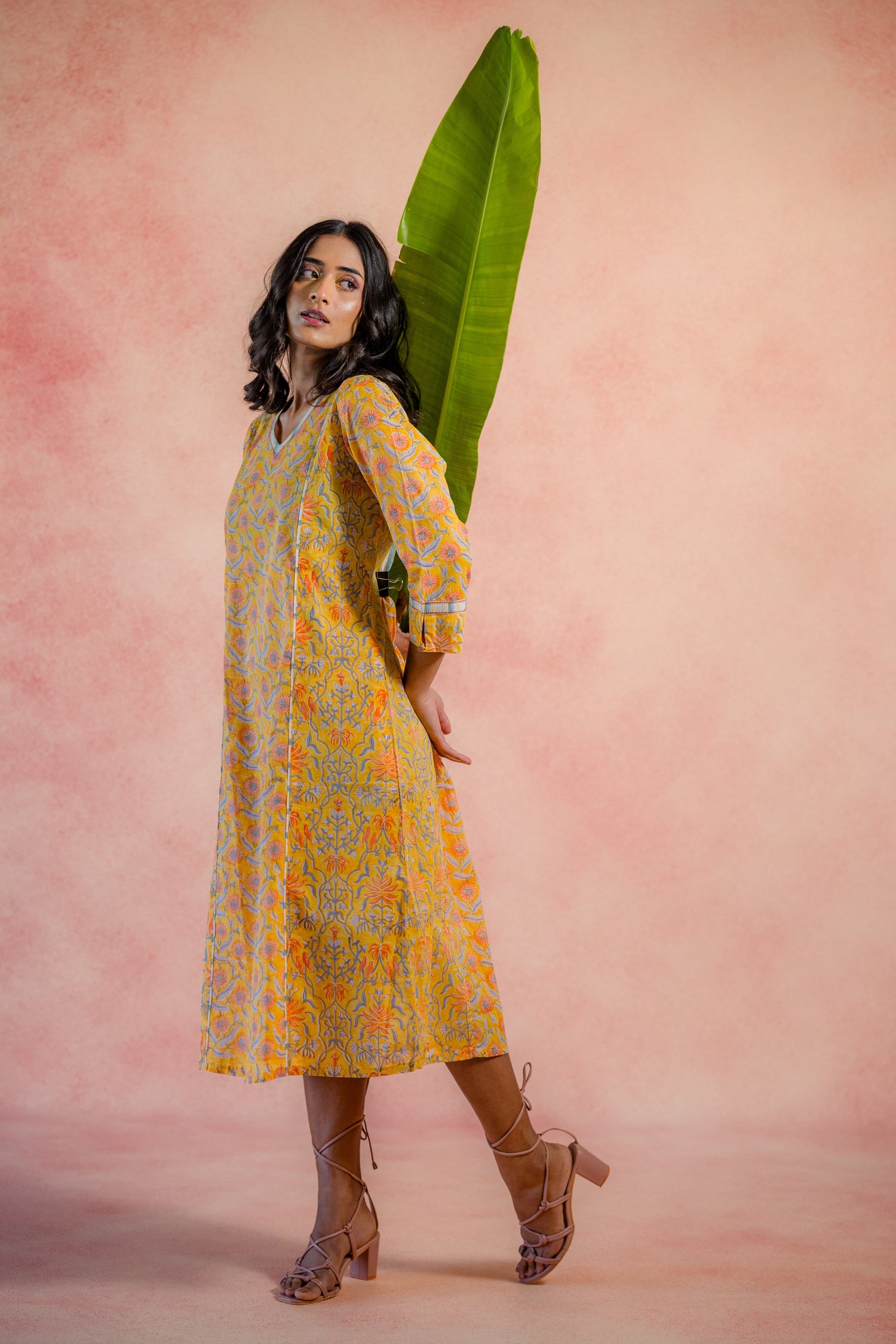 Indian Summer Yellow Printed Cotton Dress | Ray-ethnic