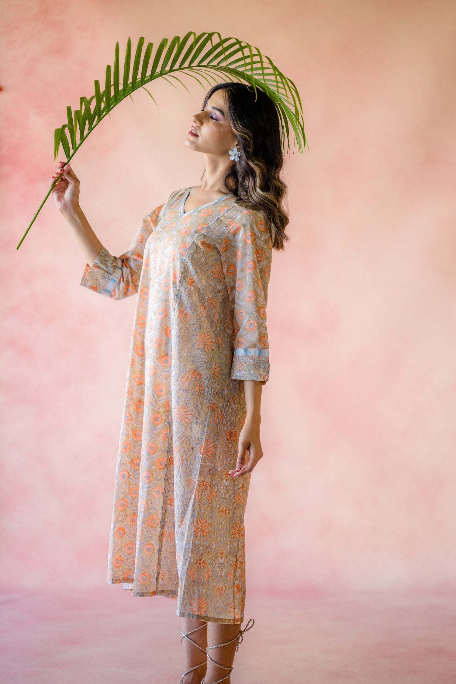 Indian Summer Beige Printed Cotton Dress | Ray-ethnic