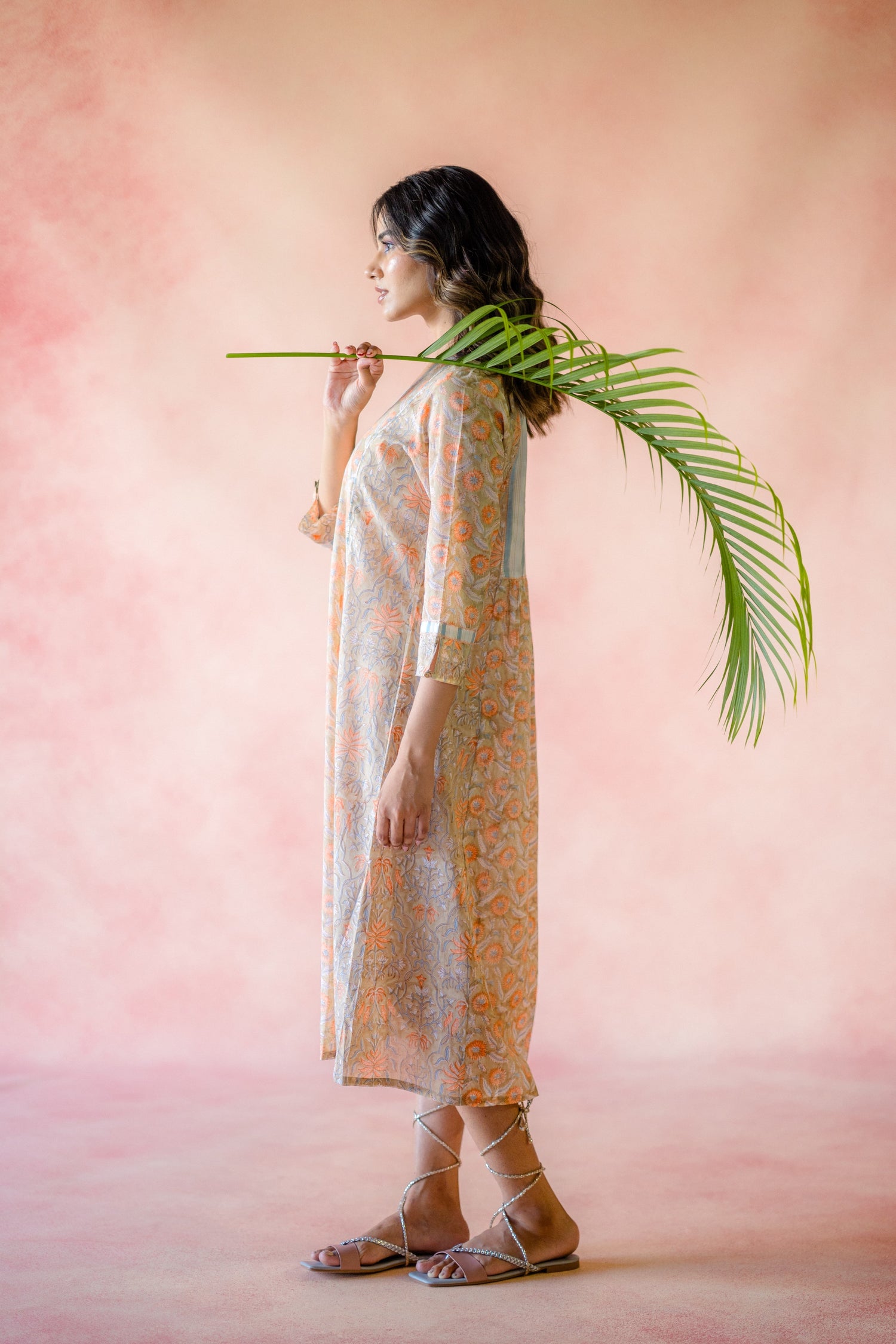 Indian Summer Beige Printed Cotton Dress | Ray-ethnic
