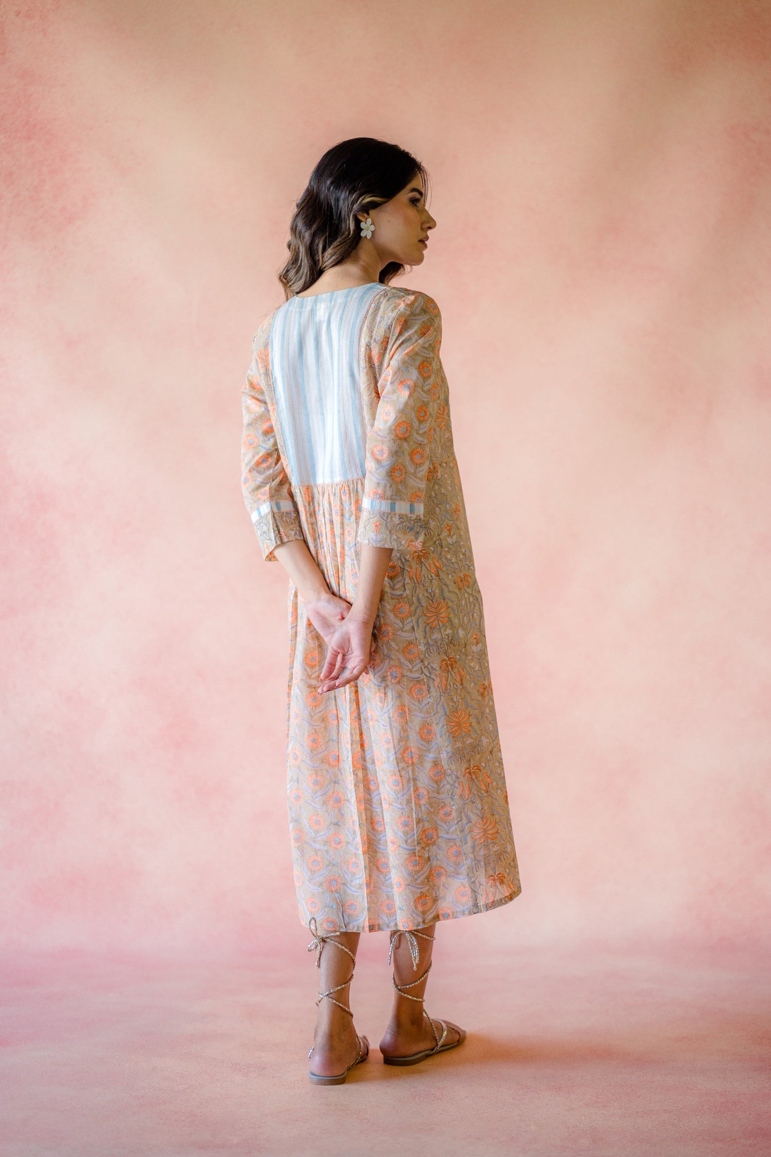 Indian Summer Beige Printed Cotton Dress | Ray-ethnic