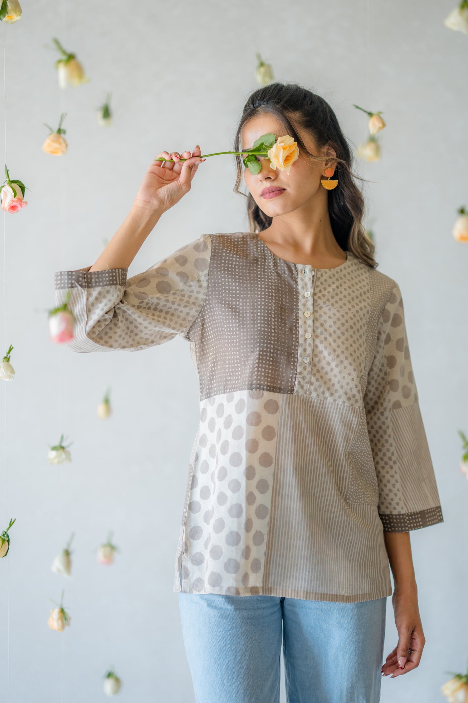 Indian Summer Grey Dabu Cotton Top | Ray-ethnic