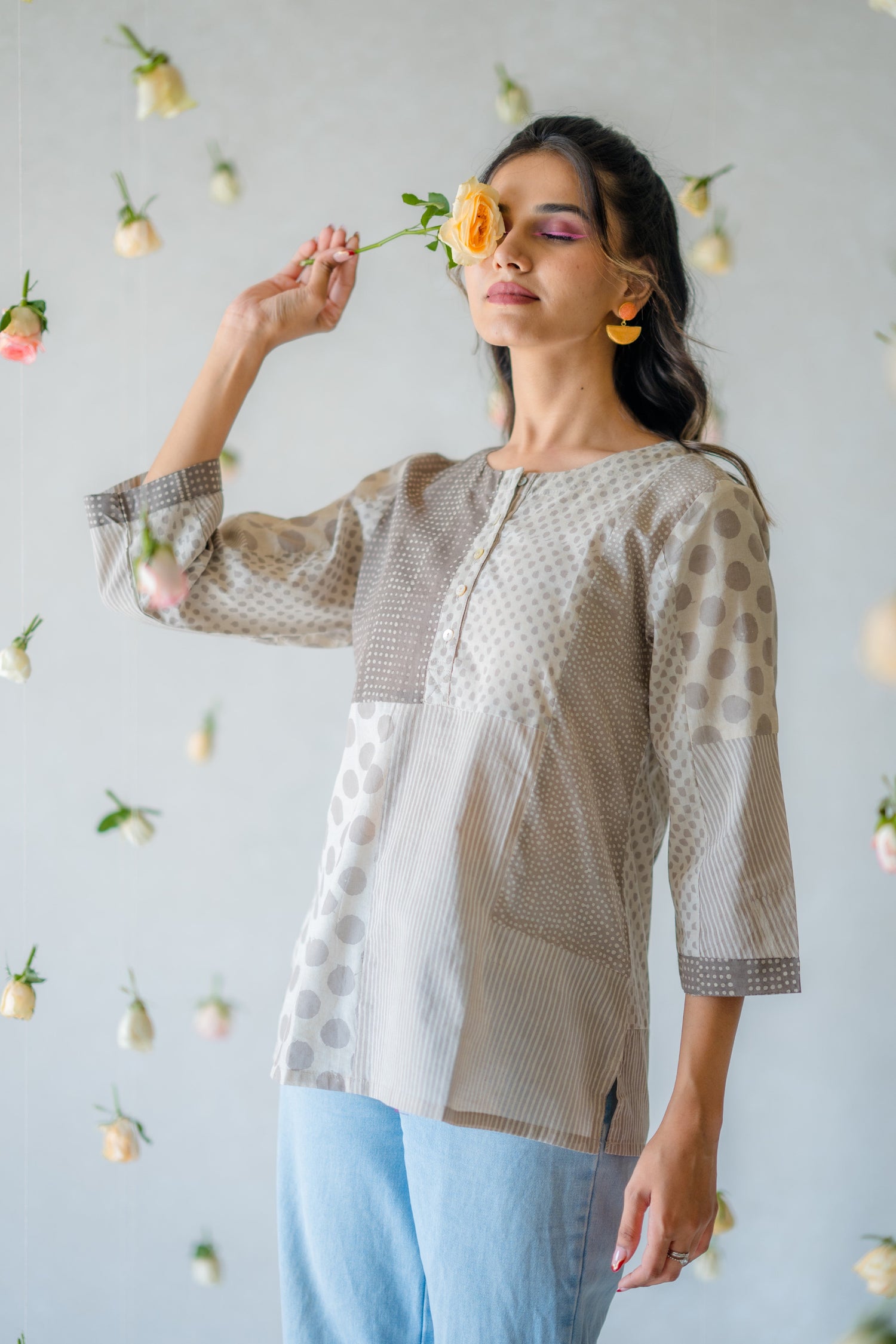 Indian Summer Grey Dabu Cotton Top | Ray-ethnic