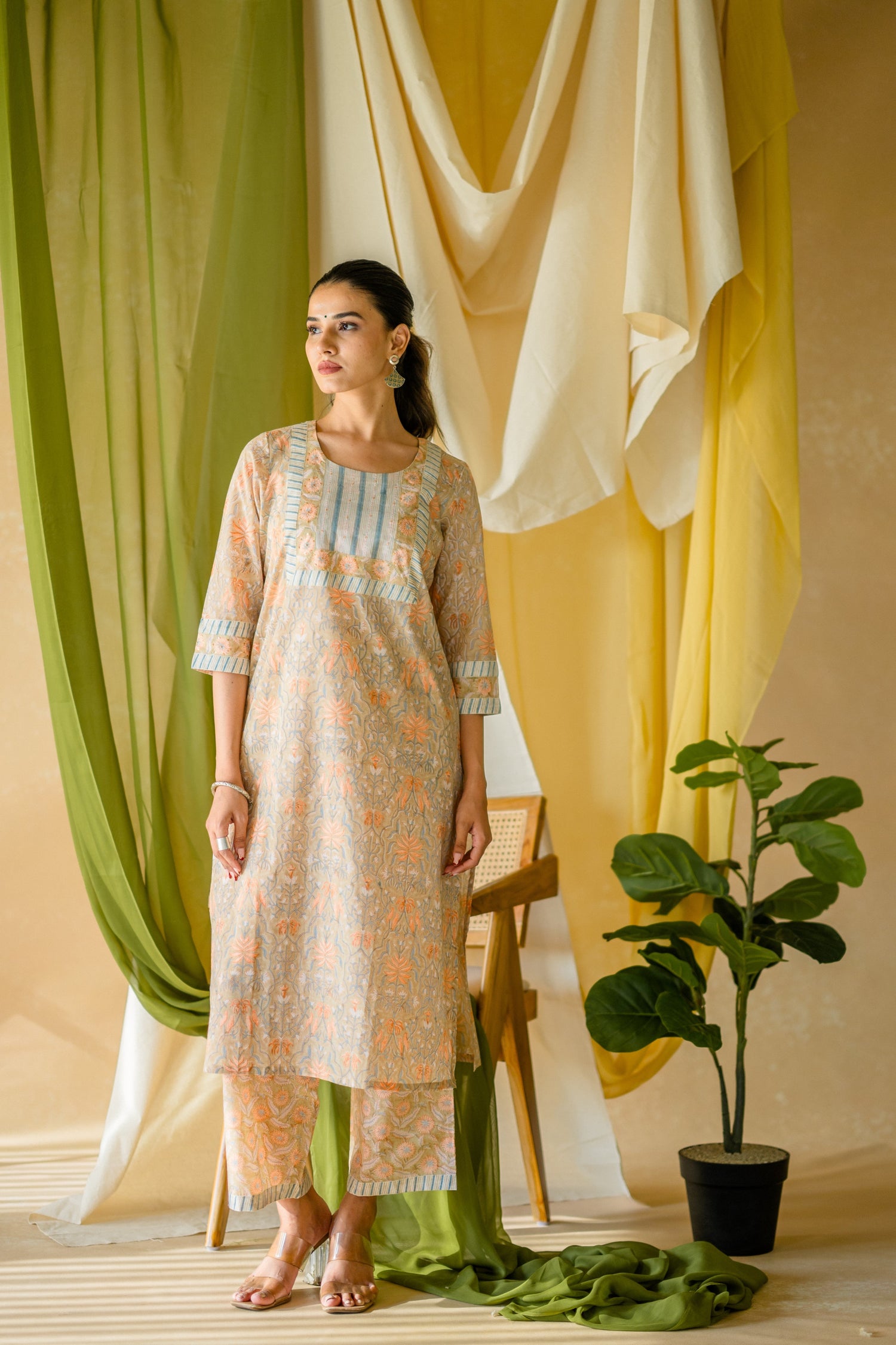 Indian Summer Beige Printed Cotton Set of 2 | Ray-ethnic