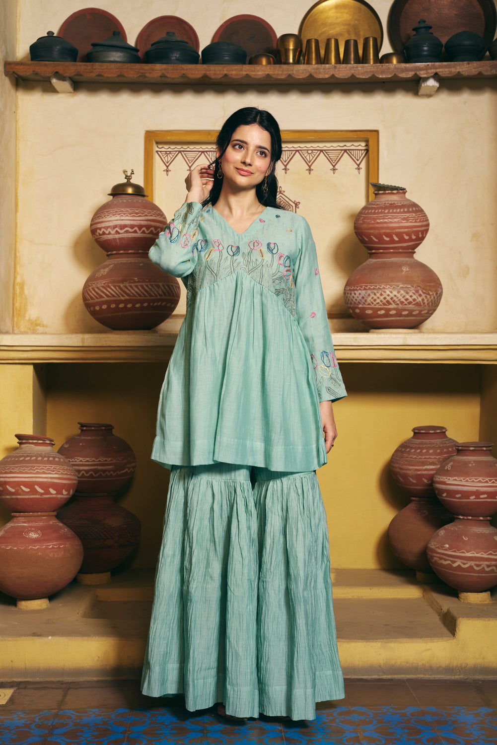Taara Pure Silk Chanderi Kurta Set in Sage Green with Sharara Pants