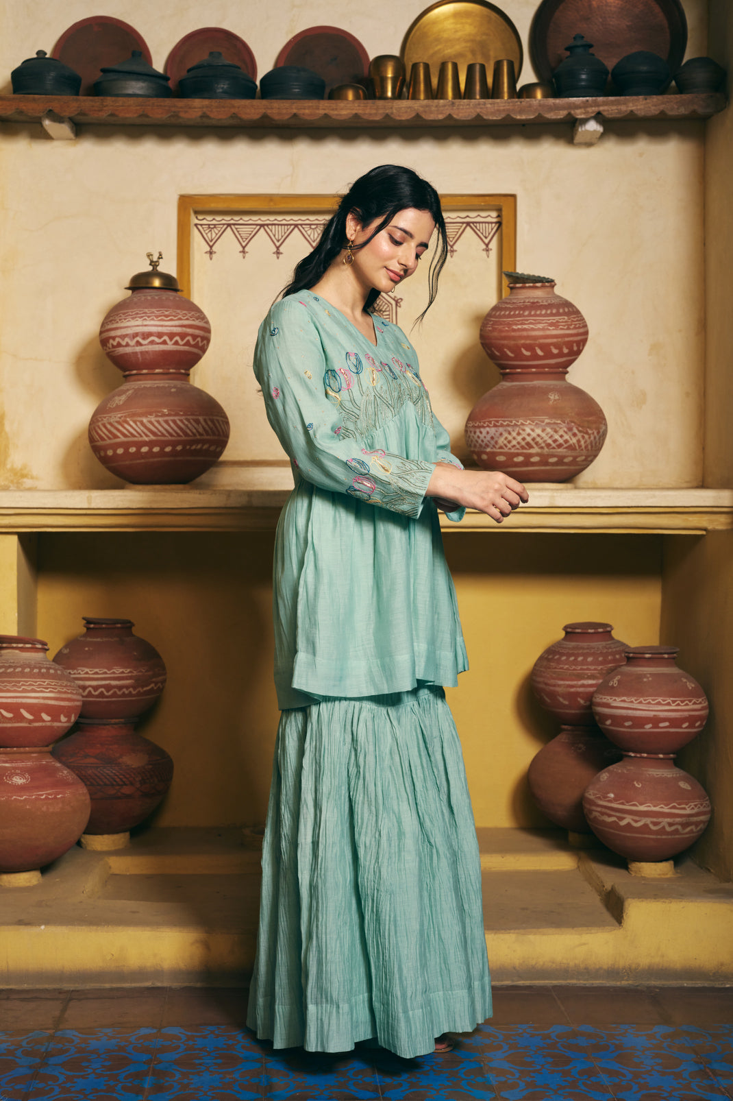 Taara Pure Silk Chanderi Kurta Set in Sage Green with Sharara Pants