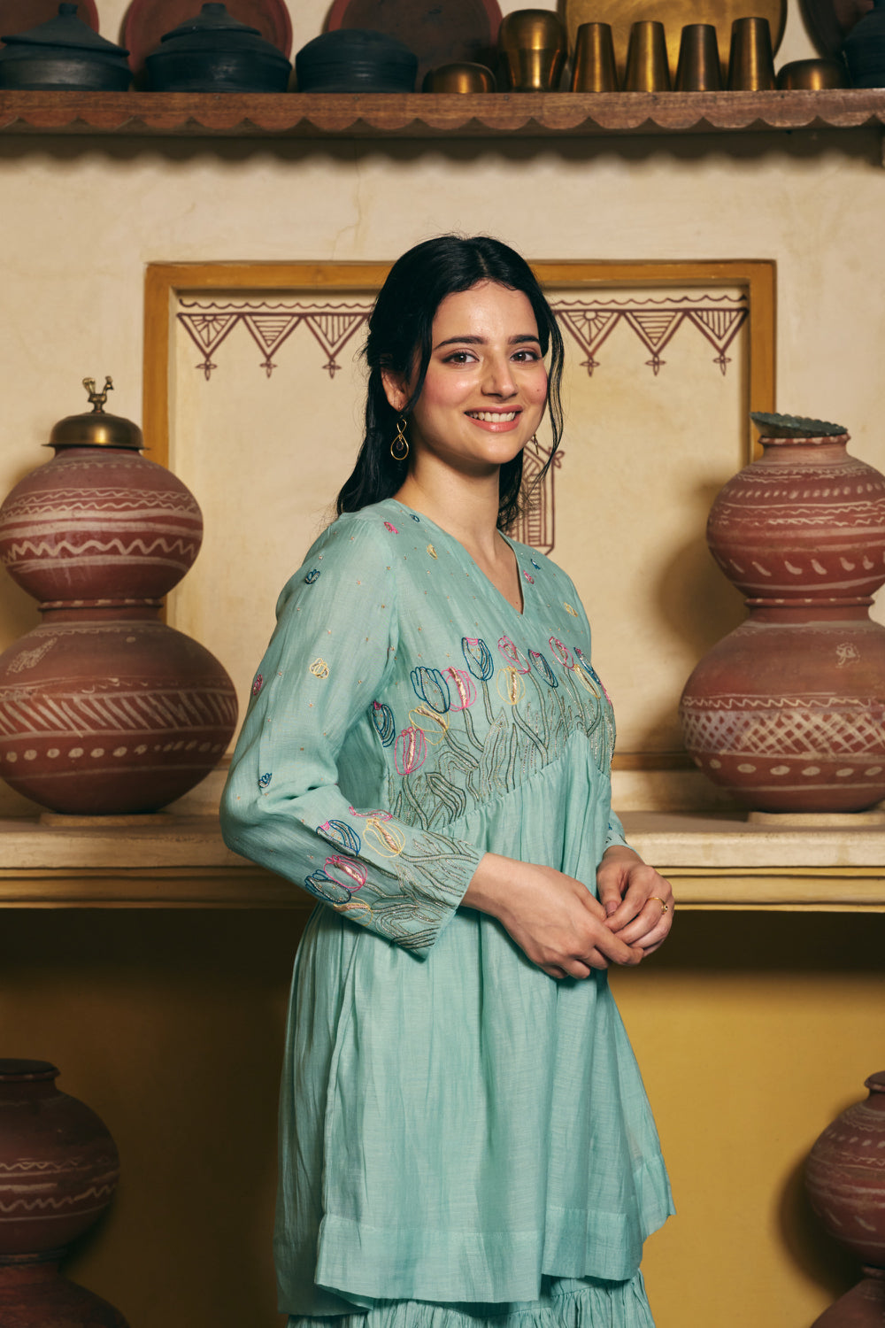 Taara Pure Silk Chanderi Kurta Set in Sage Green with Sharara Pants