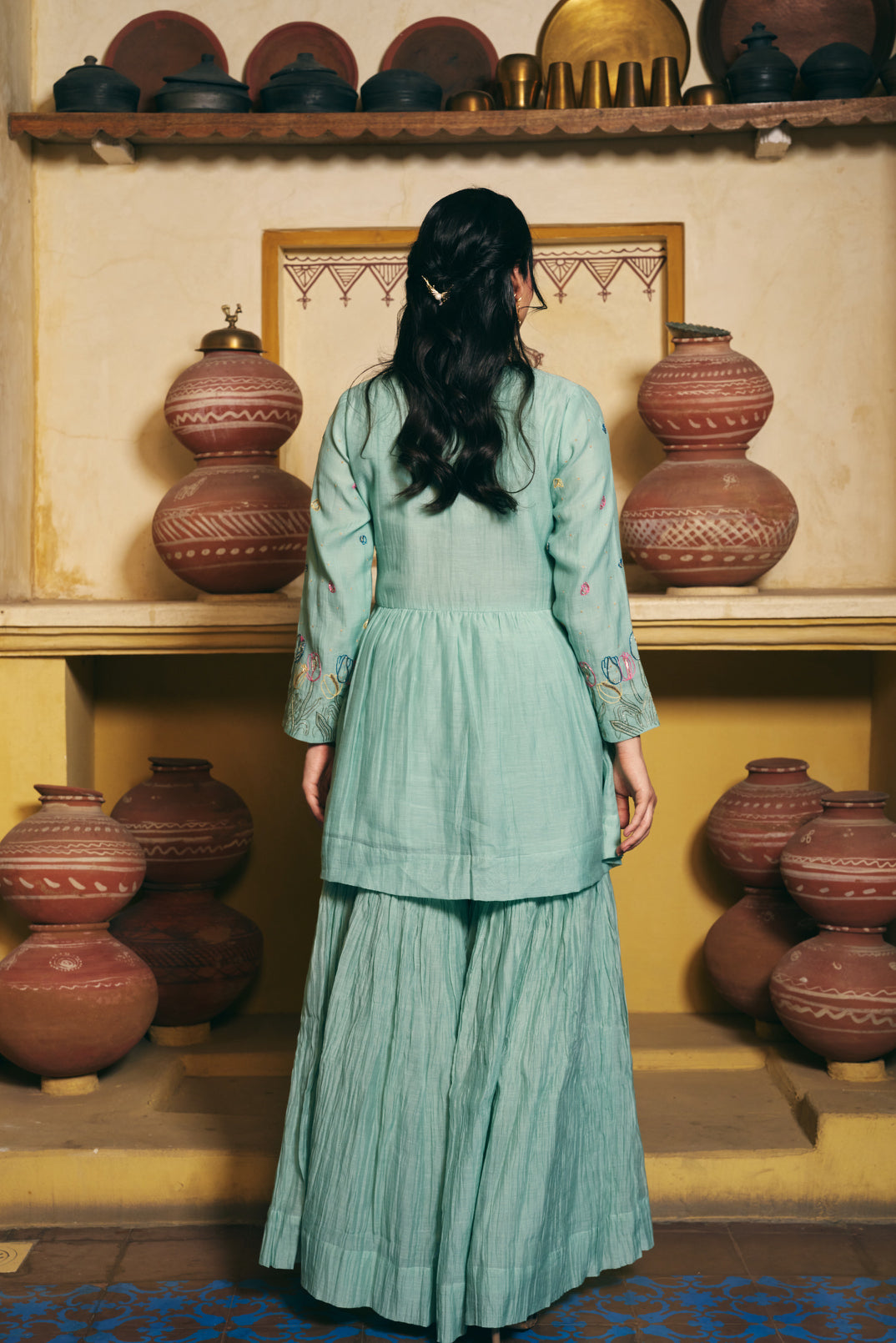 Taara Pure Silk Chanderi Kurta Set in Sage Green with Sharara Pants