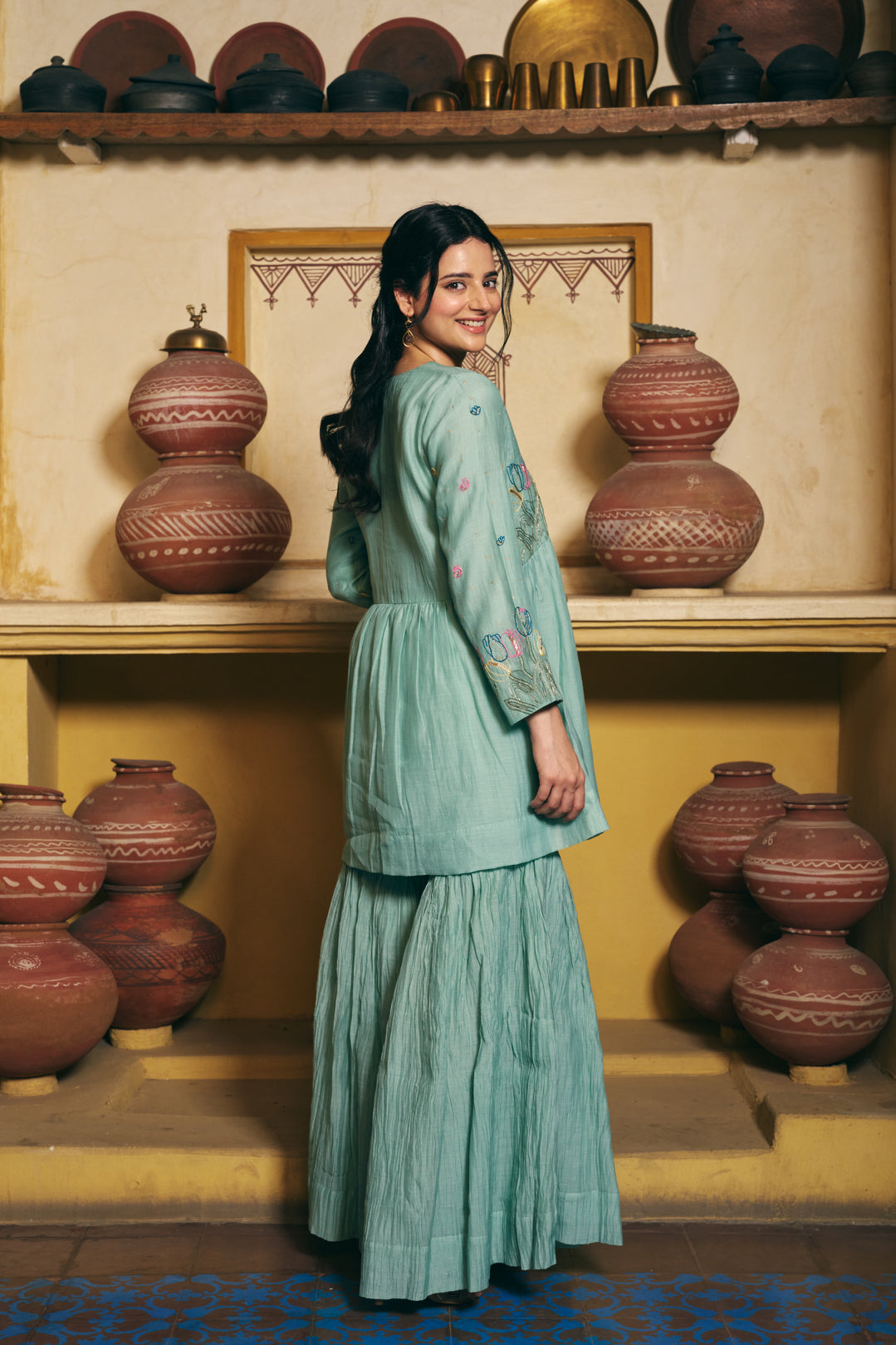 Taara Pure Silk Chanderi Kurta Set in Sage Green with Sharara Pants
