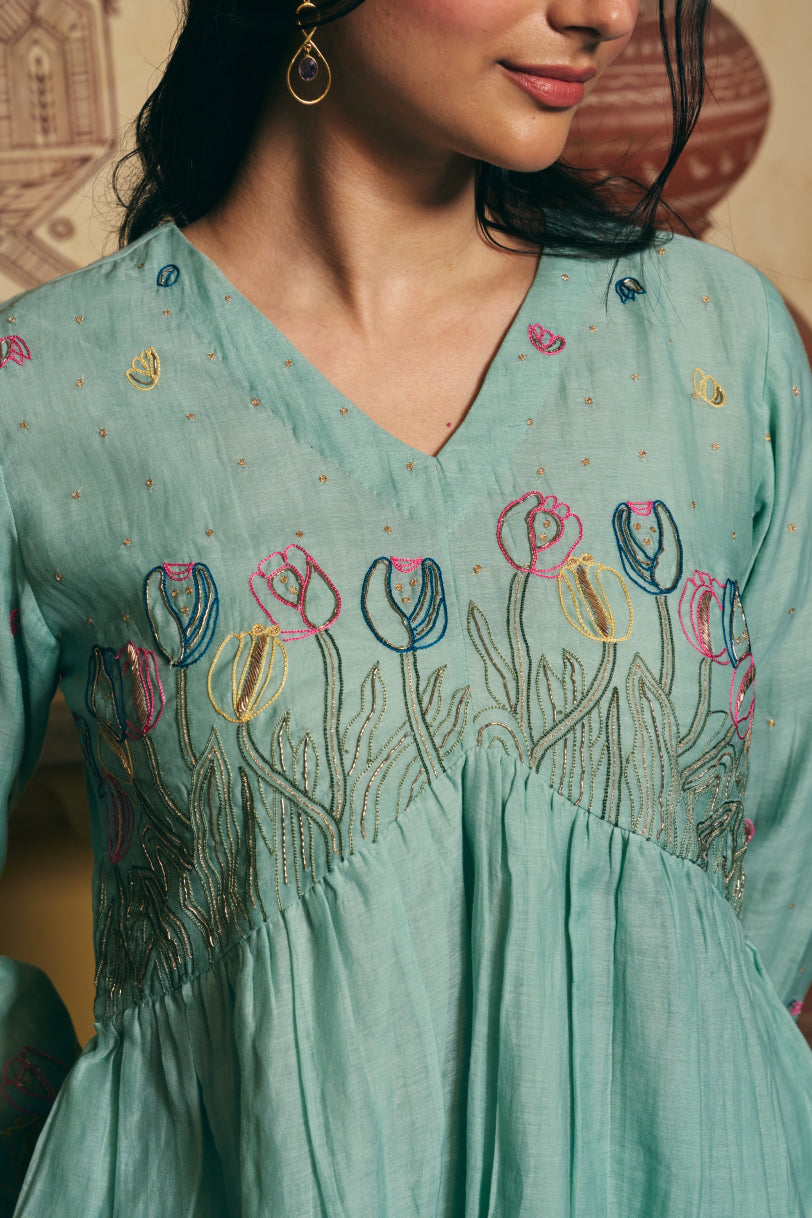 Taara Pure Silk Chanderi Kurta Set in Sage Green with Sharara Pants