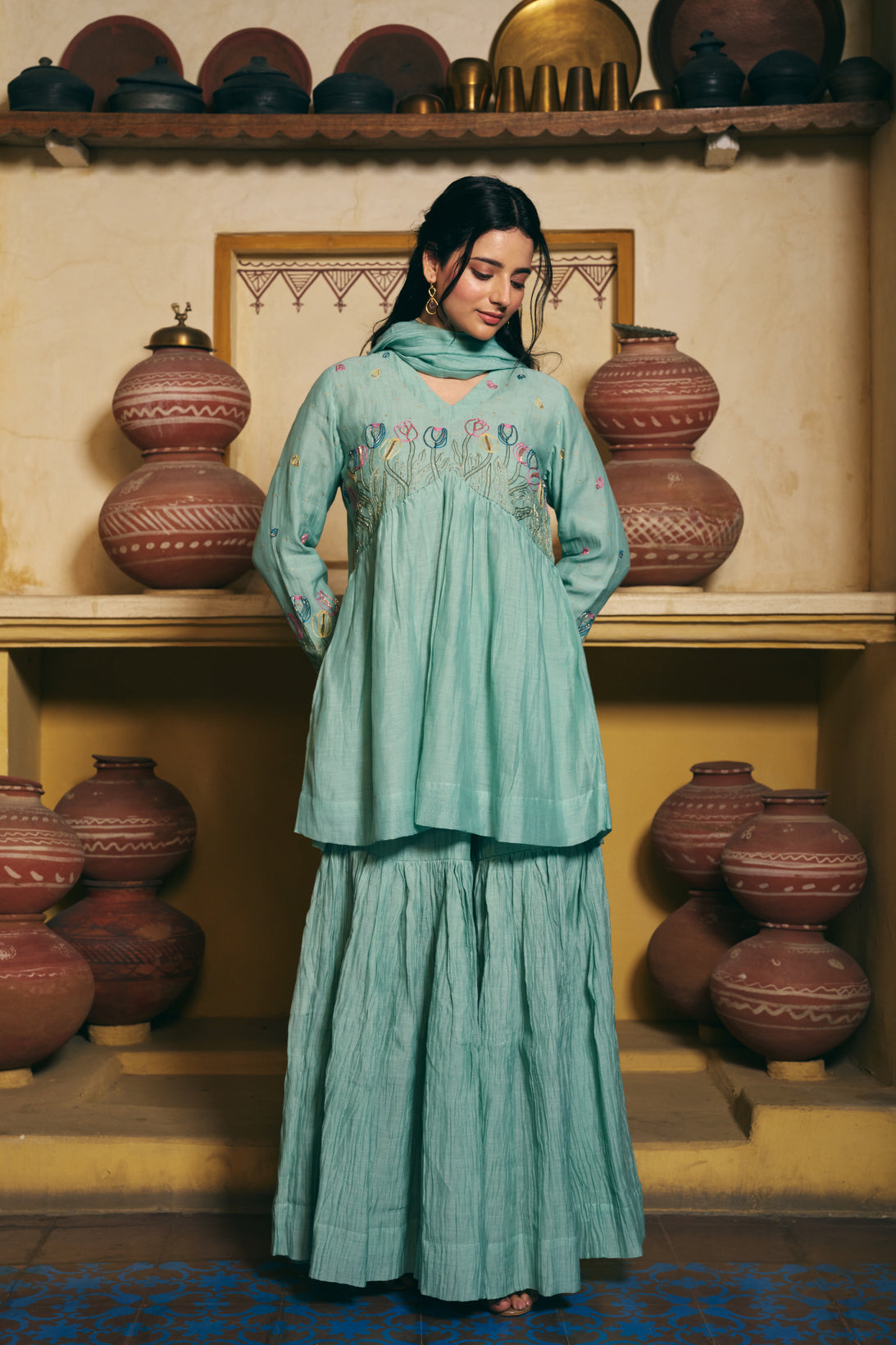 Taara Pure Silk Chanderi Kurta Set in Sage Green with Sharara Pants