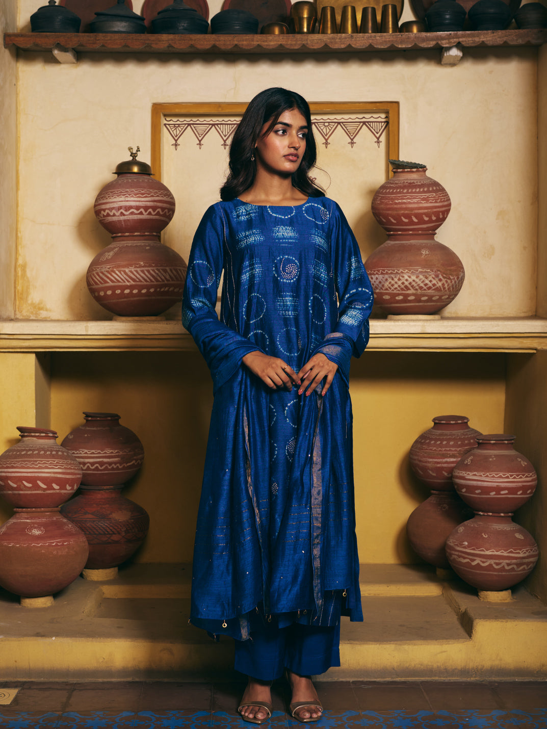 Taara Pure Silk Shibori Kurta Set of three in Indigo Blue