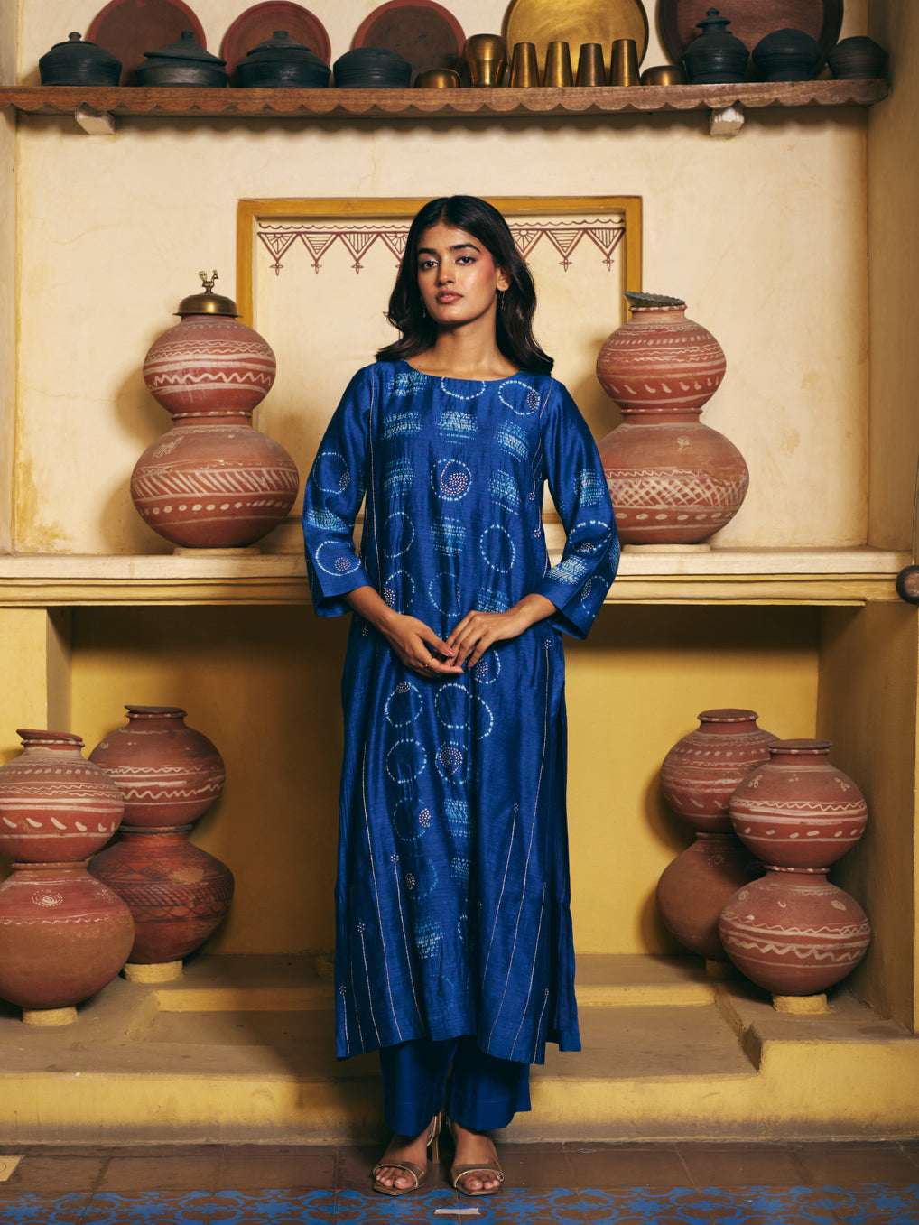 Taara Pure Silk Shibori Kurta Set of three in Indigo Blue