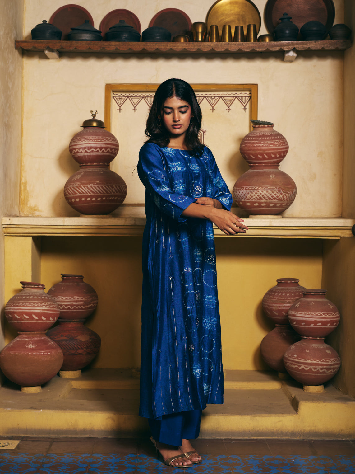 Taara Pure Silk Shibori Kurta Set of three in Indigo Blue