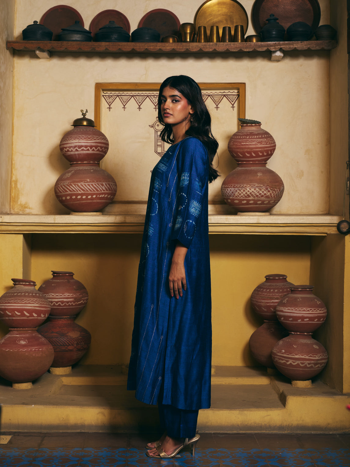 Taara Pure Silk Shibori Kurta Set of three in Indigo Blue