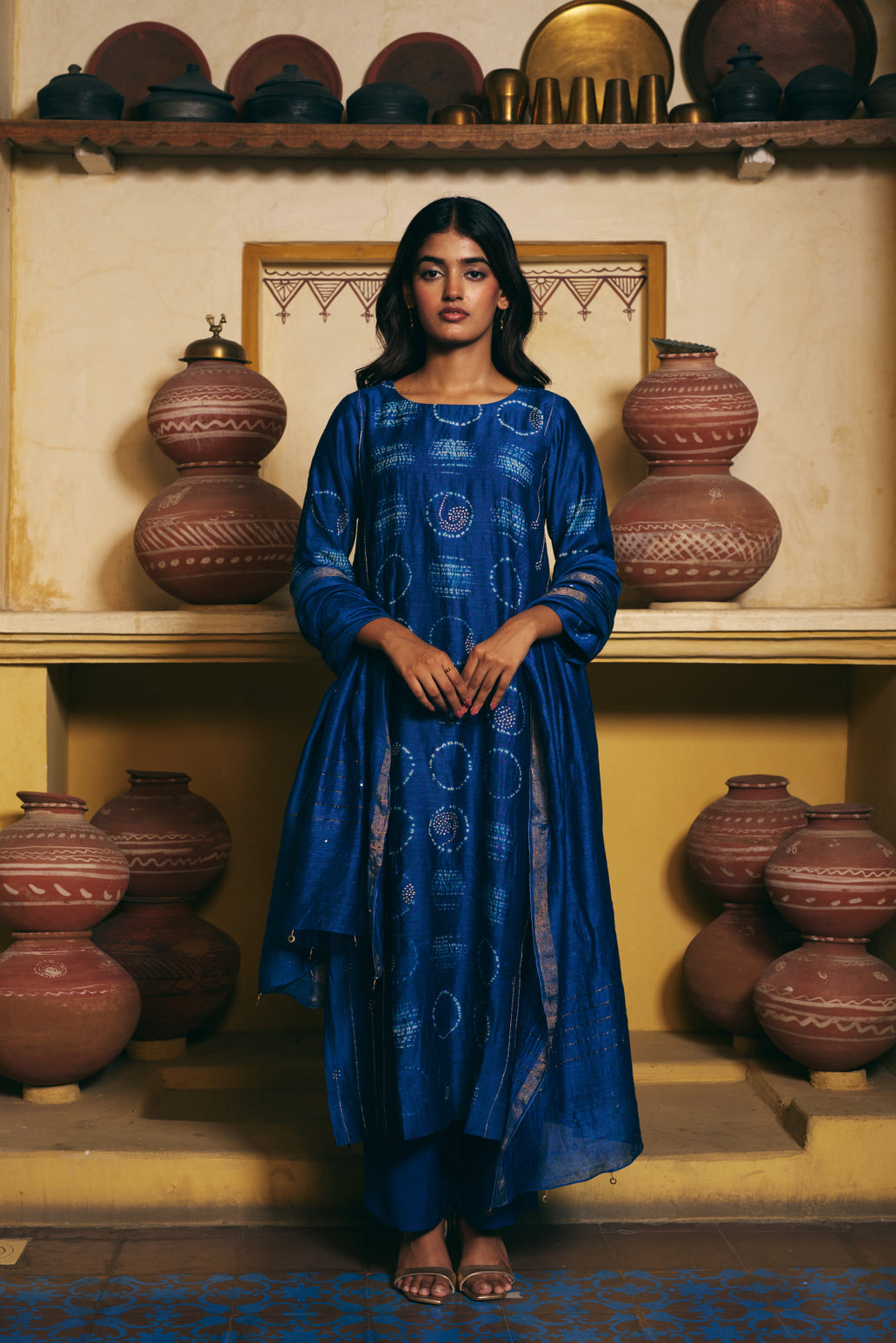 Taara Pure Silk Shibori Kurta Set of three in Indigo Blue