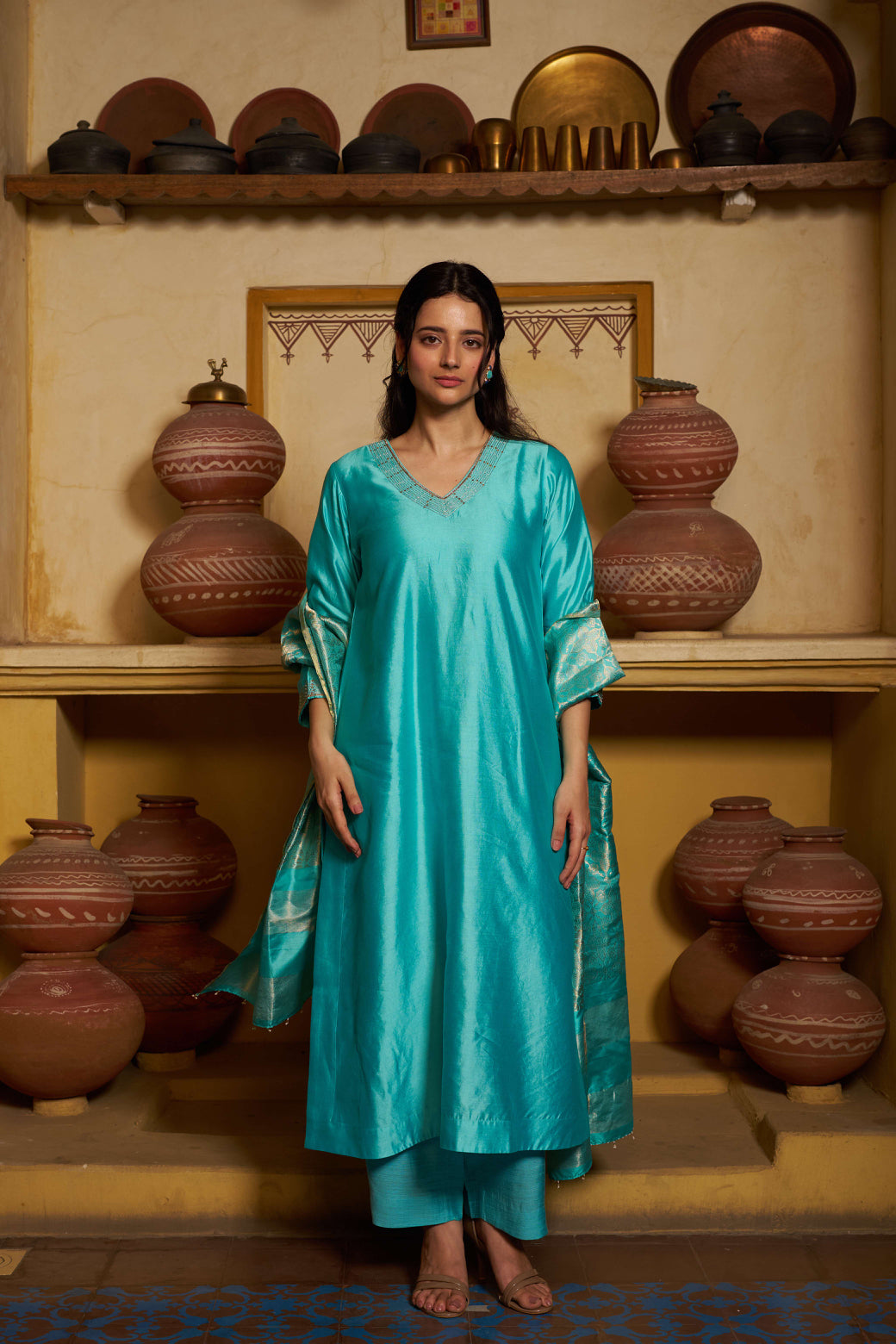 Taara Pure Silk Embroidered Kurta Set in Aqua Blue with Banarasi Dupatta