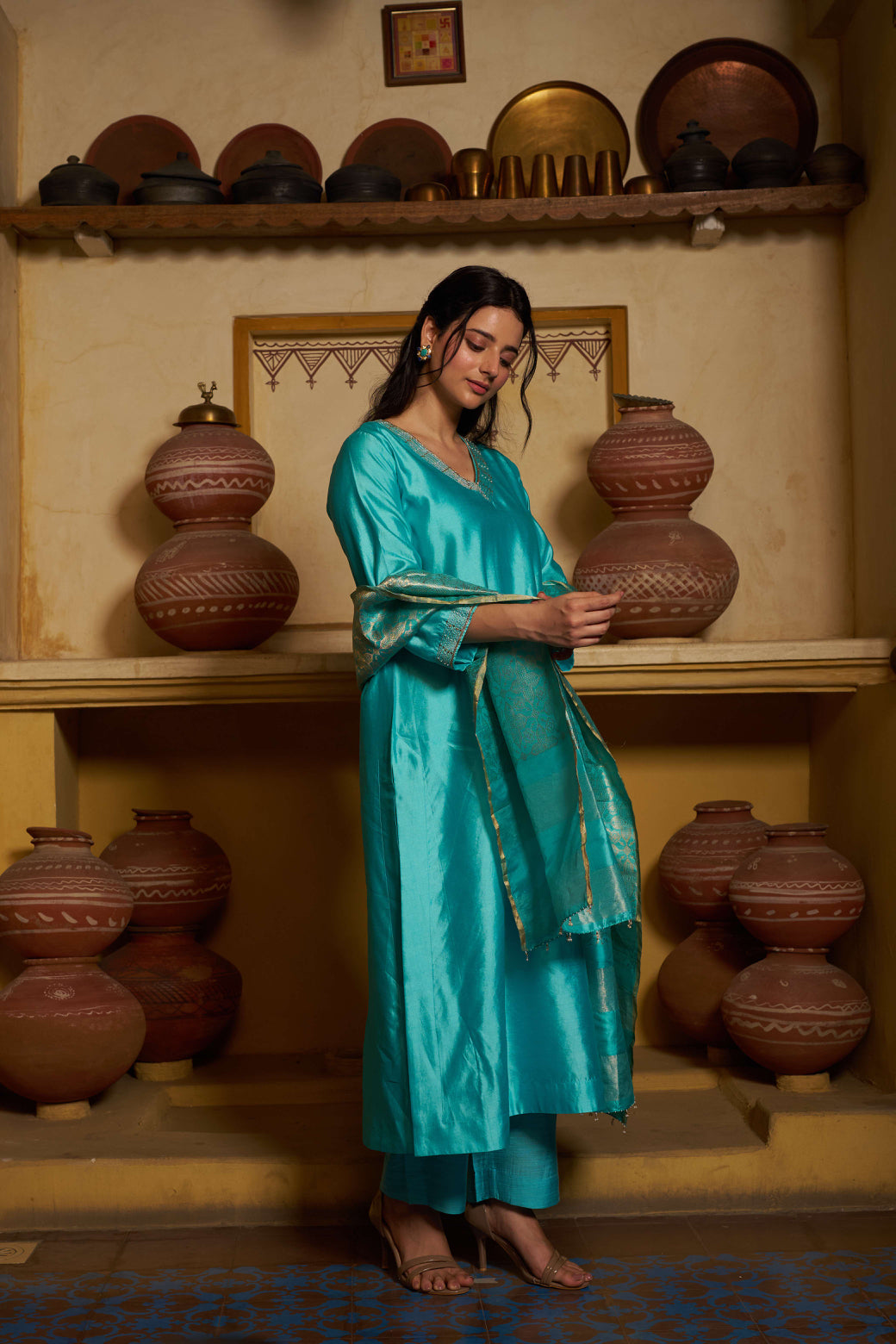 Taara Pure Silk Embroidered Kurta Set in Aqua Blue with Banarasi Dupatta