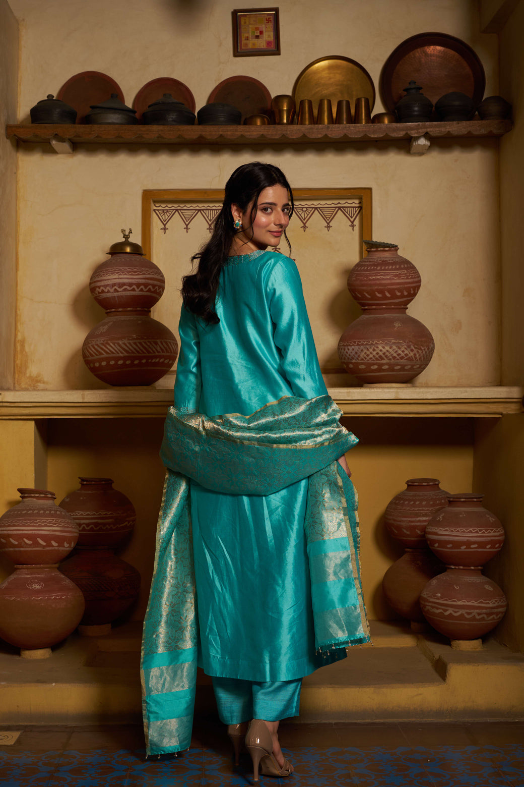 Taara Pure Silk Embroidered Kurta Set in Aqua Blue with Banarasi Dupatta