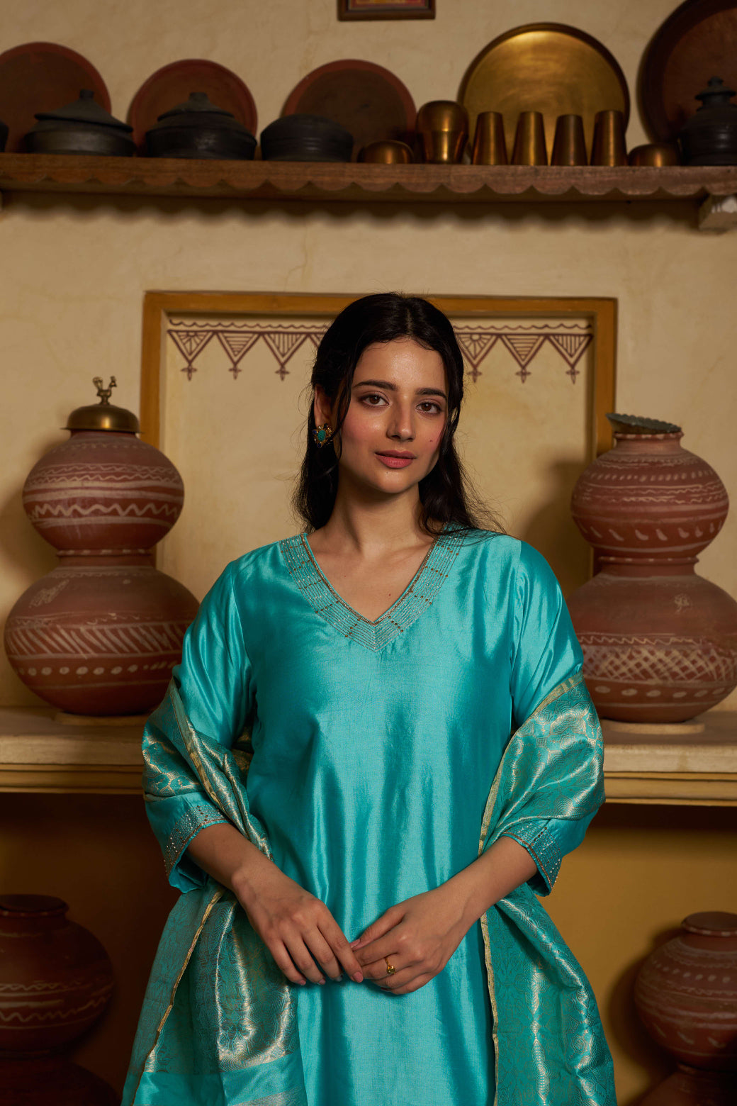Taara Pure Silk Embroidered Kurta Set in Aqua Blue with Banarasi Dupatta