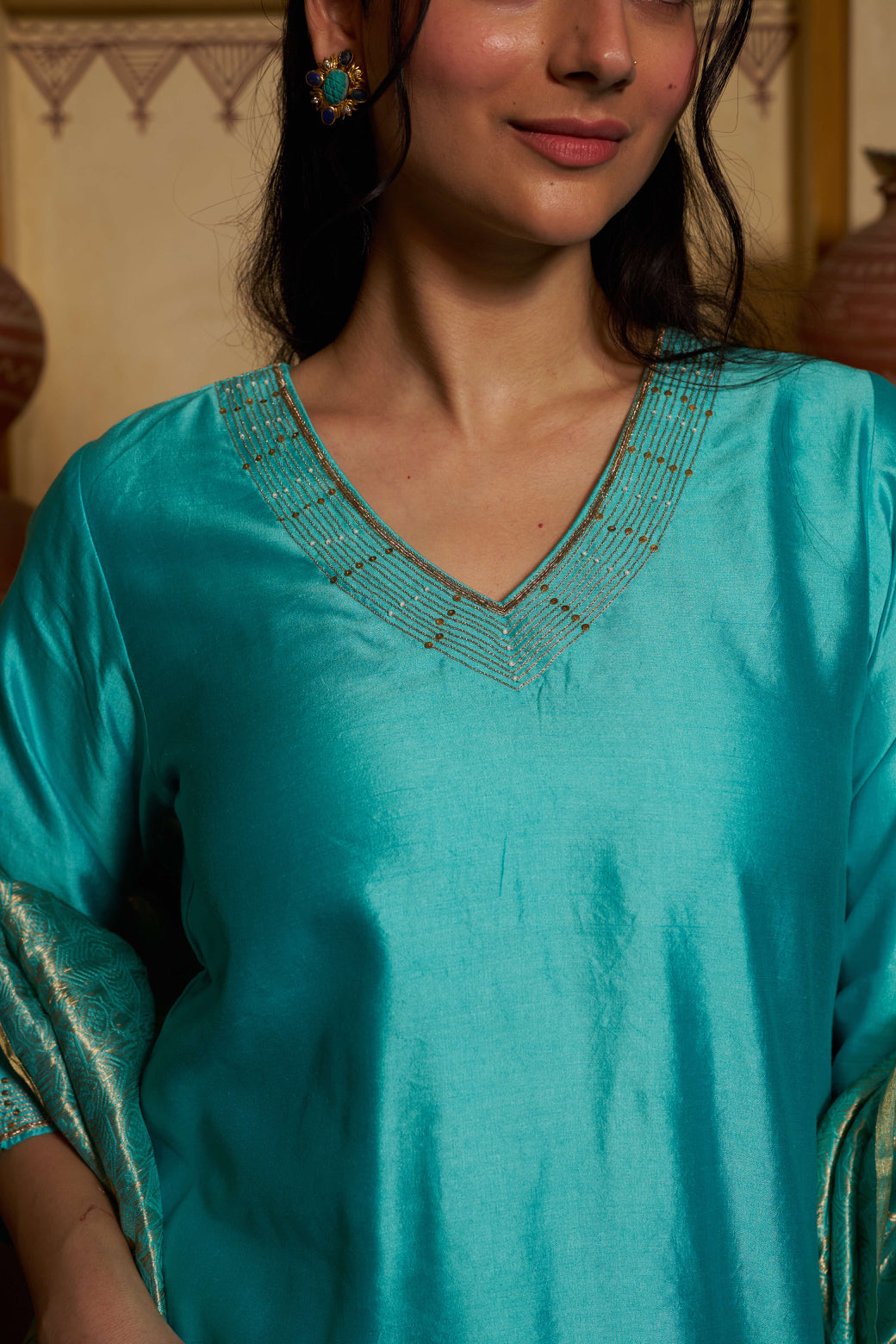 Taara Pure Silk Embroidered Kurta Set in Aqua Blue with Banarasi Dupatta