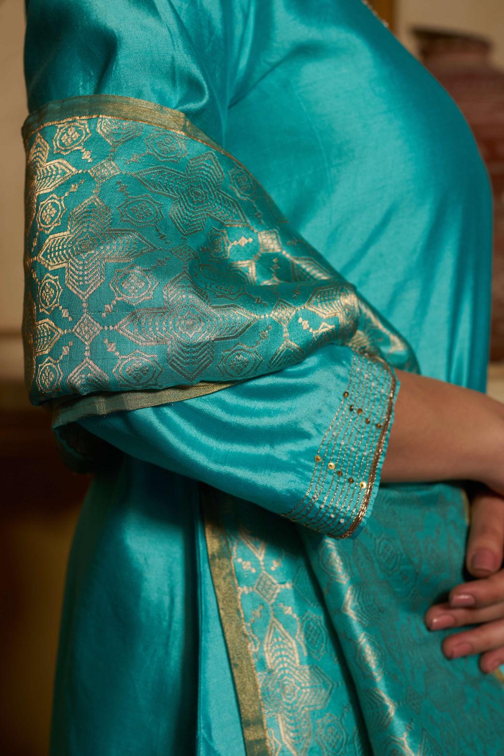Taara Pure Silk Embroidered Kurta Set in Aqua Blue with Banarasi Dupatta