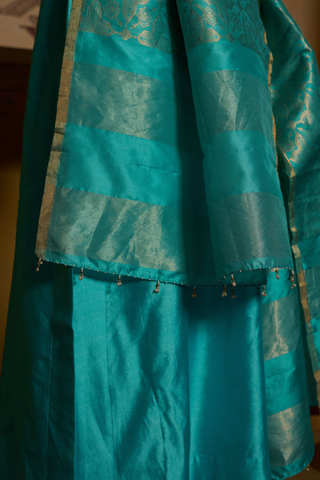 Taara Pure Silk Embroidered Kurta Set in Aqua Blue with Banarasi Dupatta
