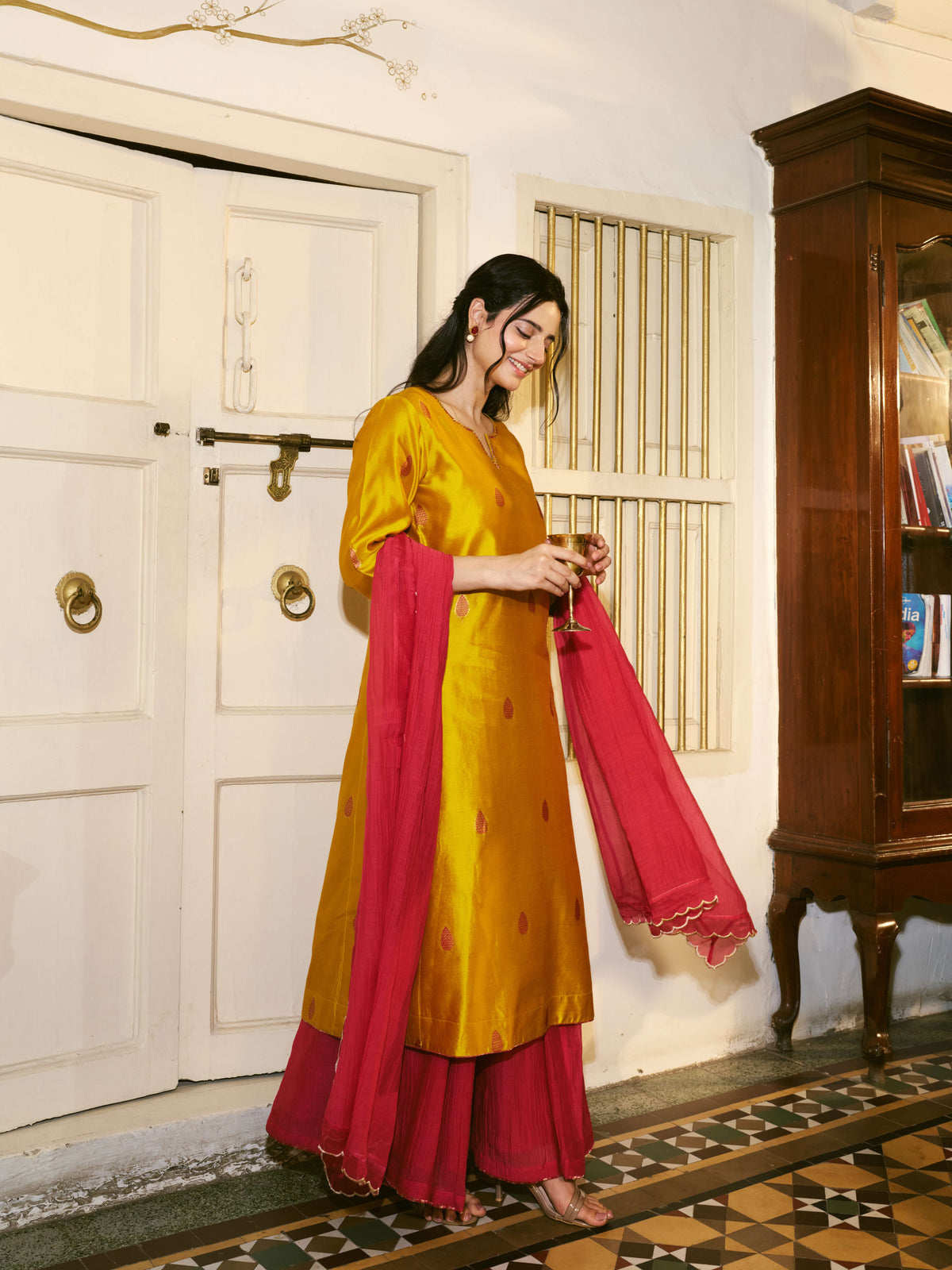 Taara Pure Silk Banarasi Kadwa Kurta Set in Mustard Yellow