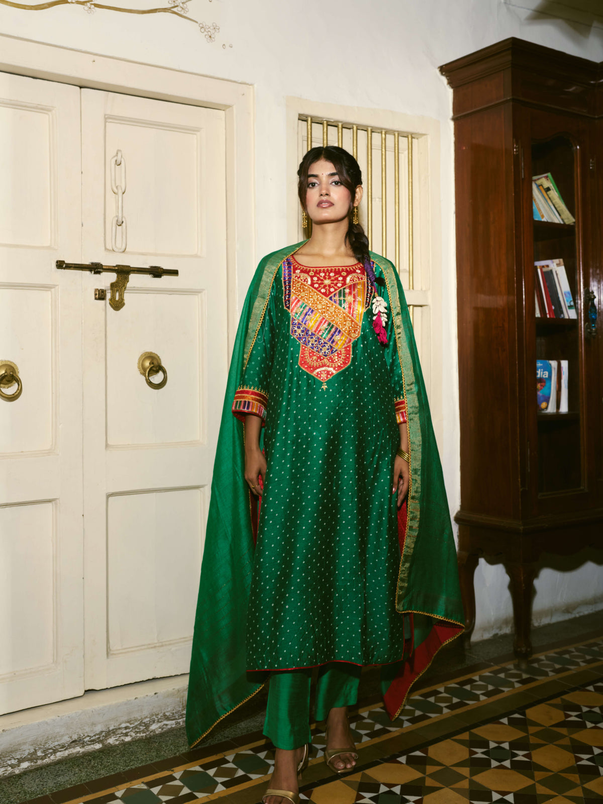 Taara Mashru Muga Silk Three-Piece Kurta Set in Green