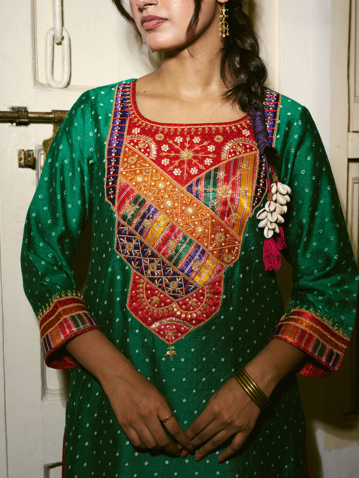 Taara Mashru Muga Silk Three-Piece Kurta Set in Green