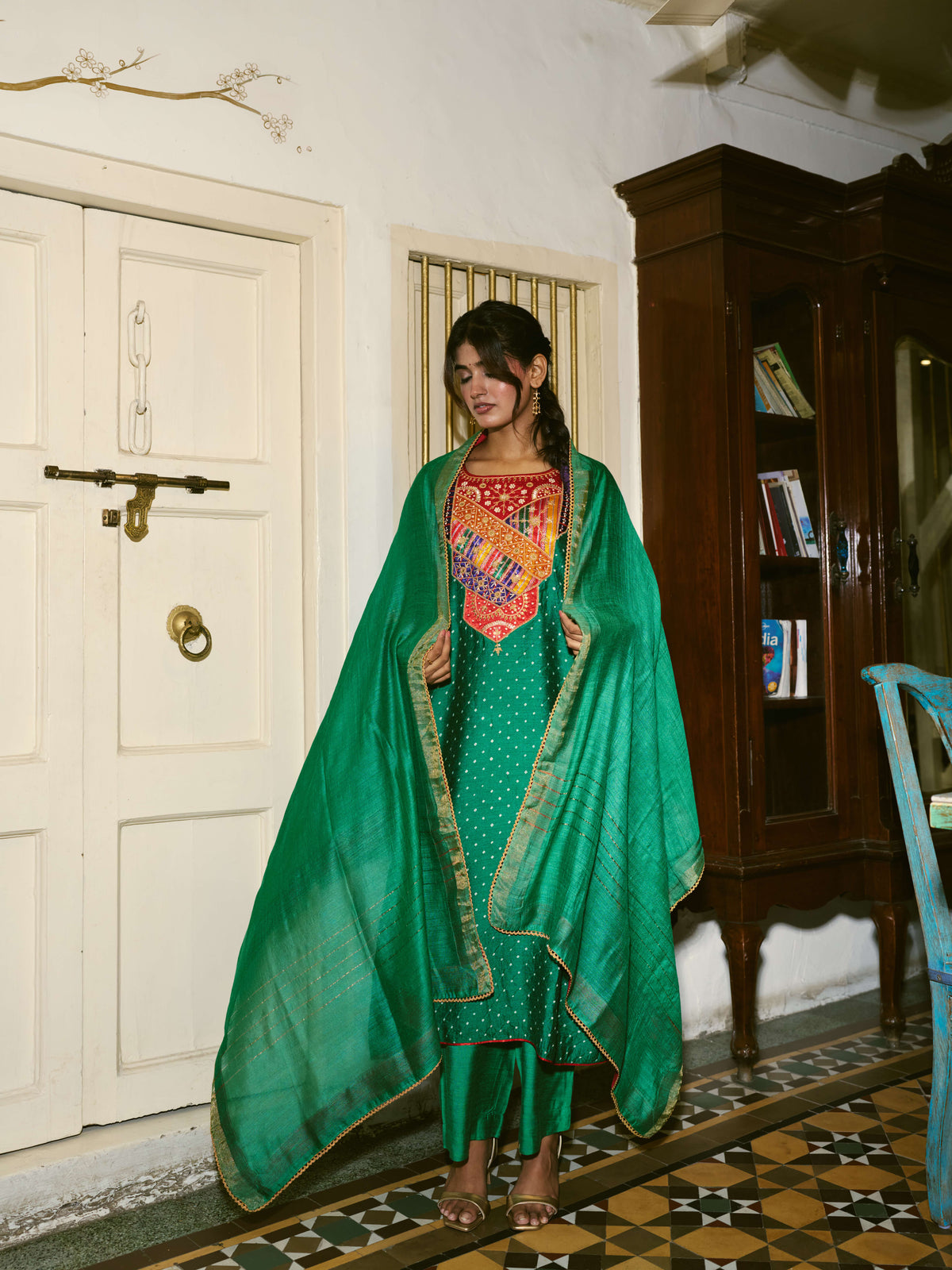 Taara Mashru Muga Silk Three-Piece Kurta Set in Green
