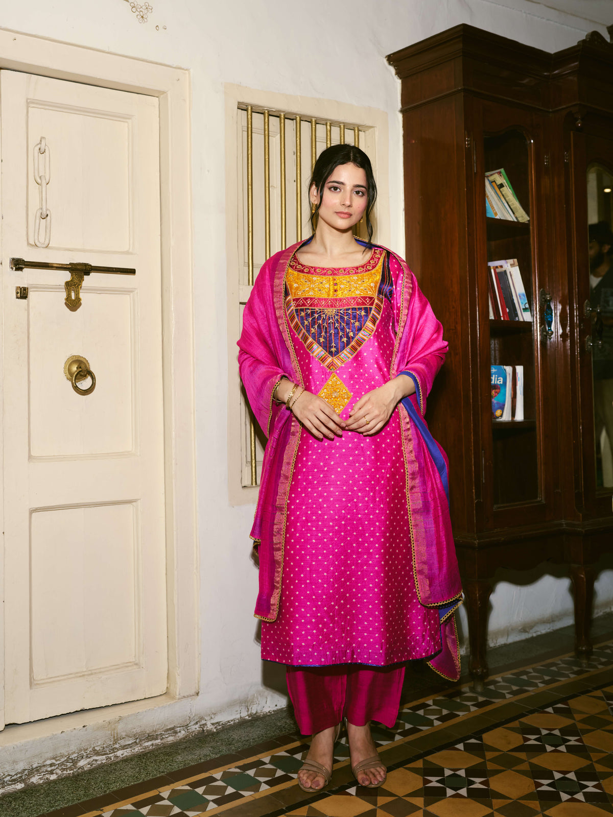 Taara Mashru Muga Silk Three-Piece Kurta Set in Rani Pink