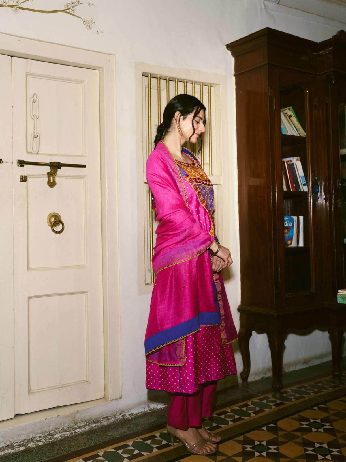 Taara Mashru Muga Silk Three-Piece Kurta Set in Rani Pink