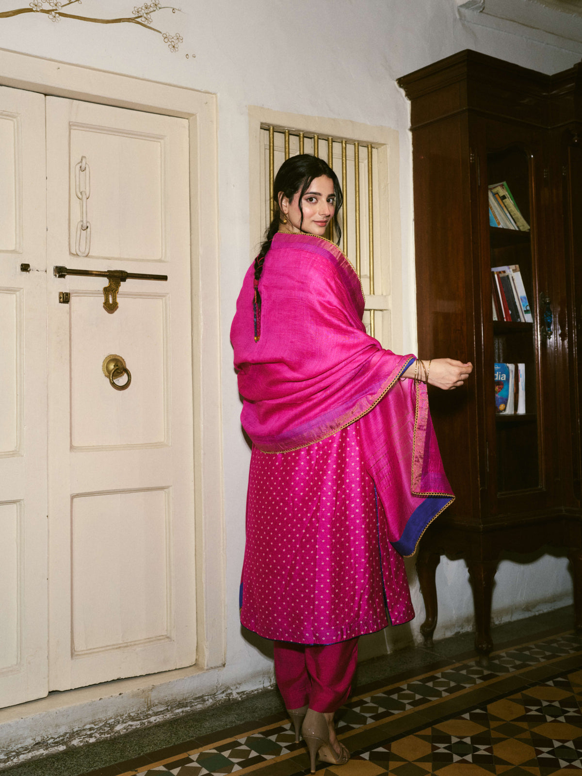 Taara Mashru Muga Silk Three-Piece Kurta Set in Rani Pink