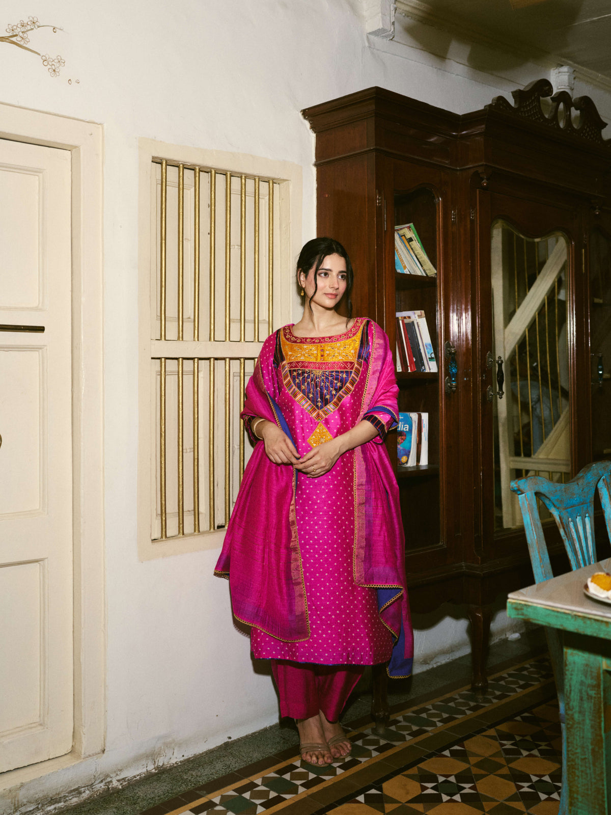 Taara Mashru Muga Silk Three-Piece Kurta Set in Rani Pink