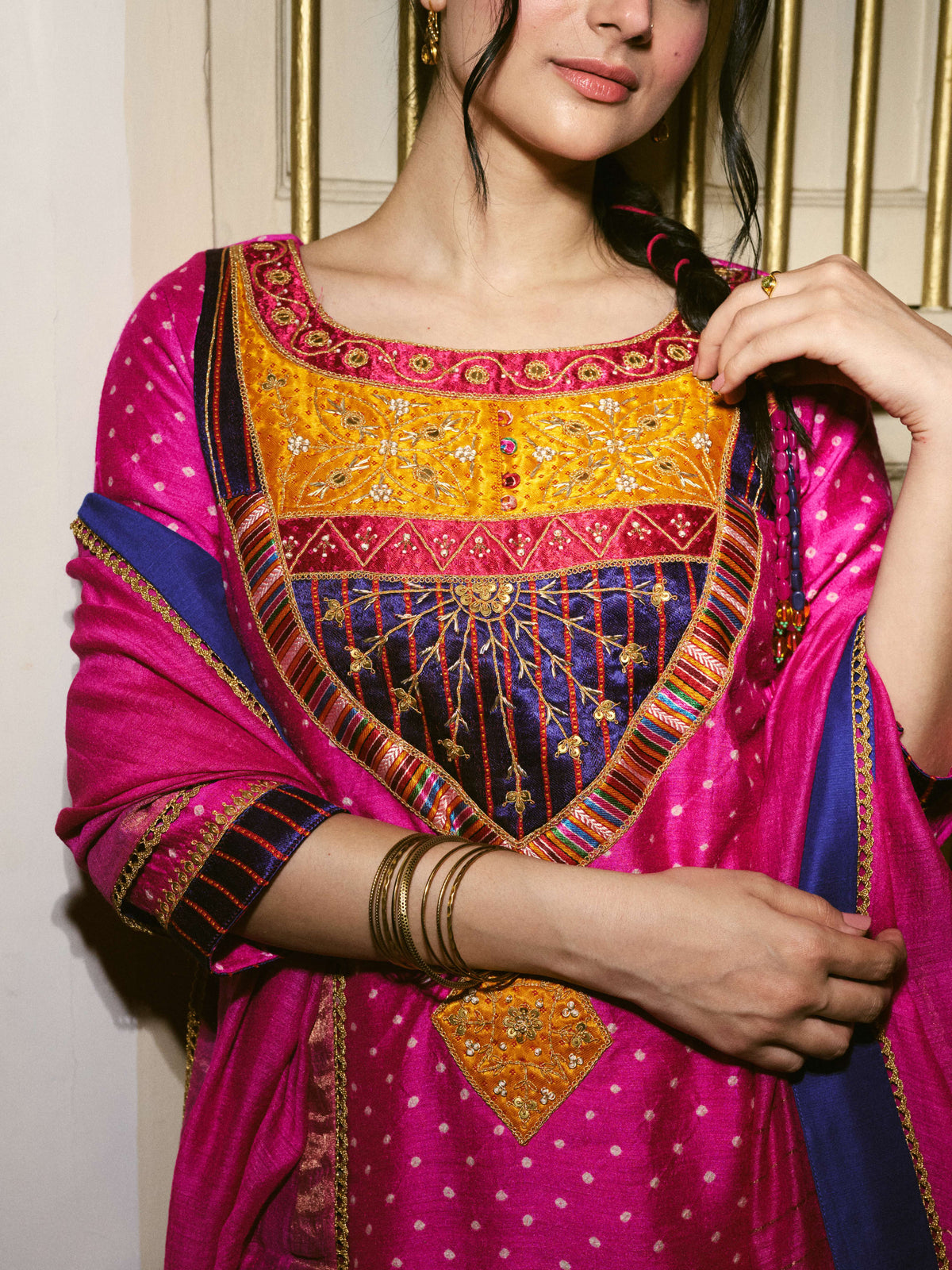 Taara Mashru Muga Silk Three-Piece Kurta Set in Rani Pink