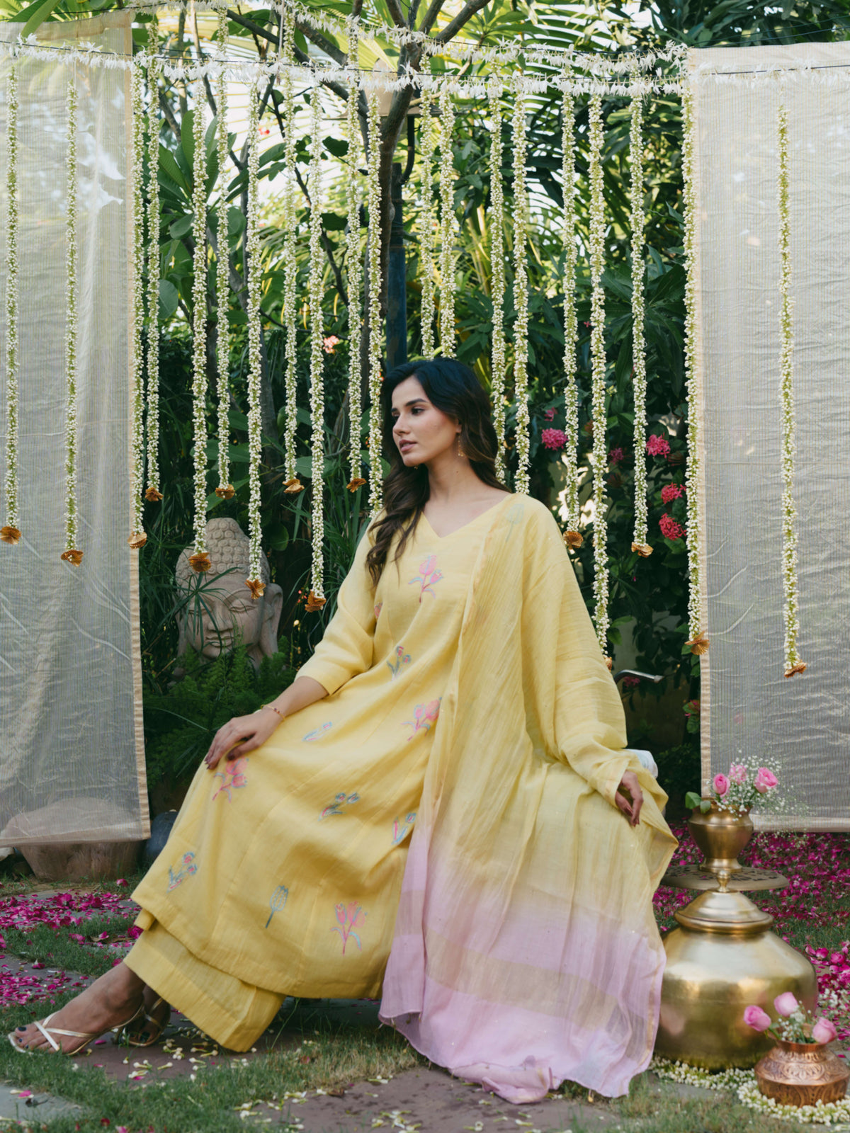 Taara Pure Silk Sleeveless Kurta Set in Lemon Yellow with Ombre Dupatta