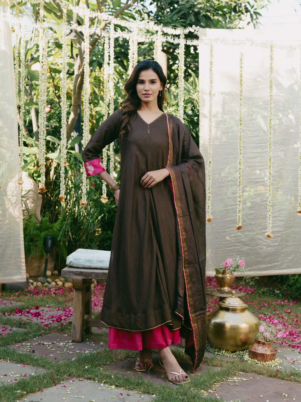 Taara Silk Tissue A-Line Kurta Set in Brown