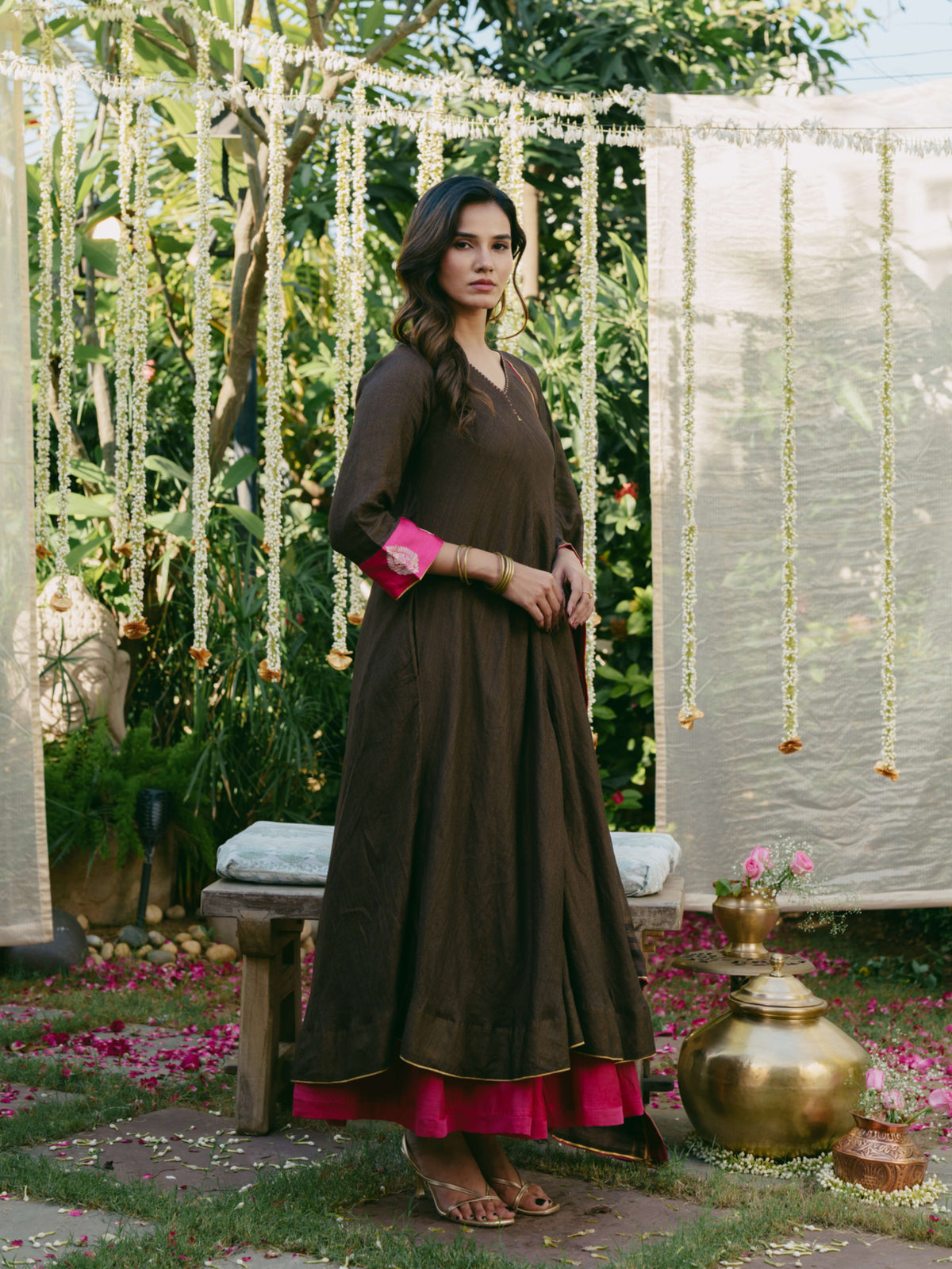 Taara Silk Tissue A-Line Kurta Set in Brown