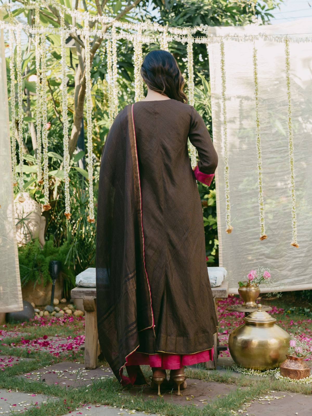 Taara Silk Tissue A-Line Kurta Set in Brown