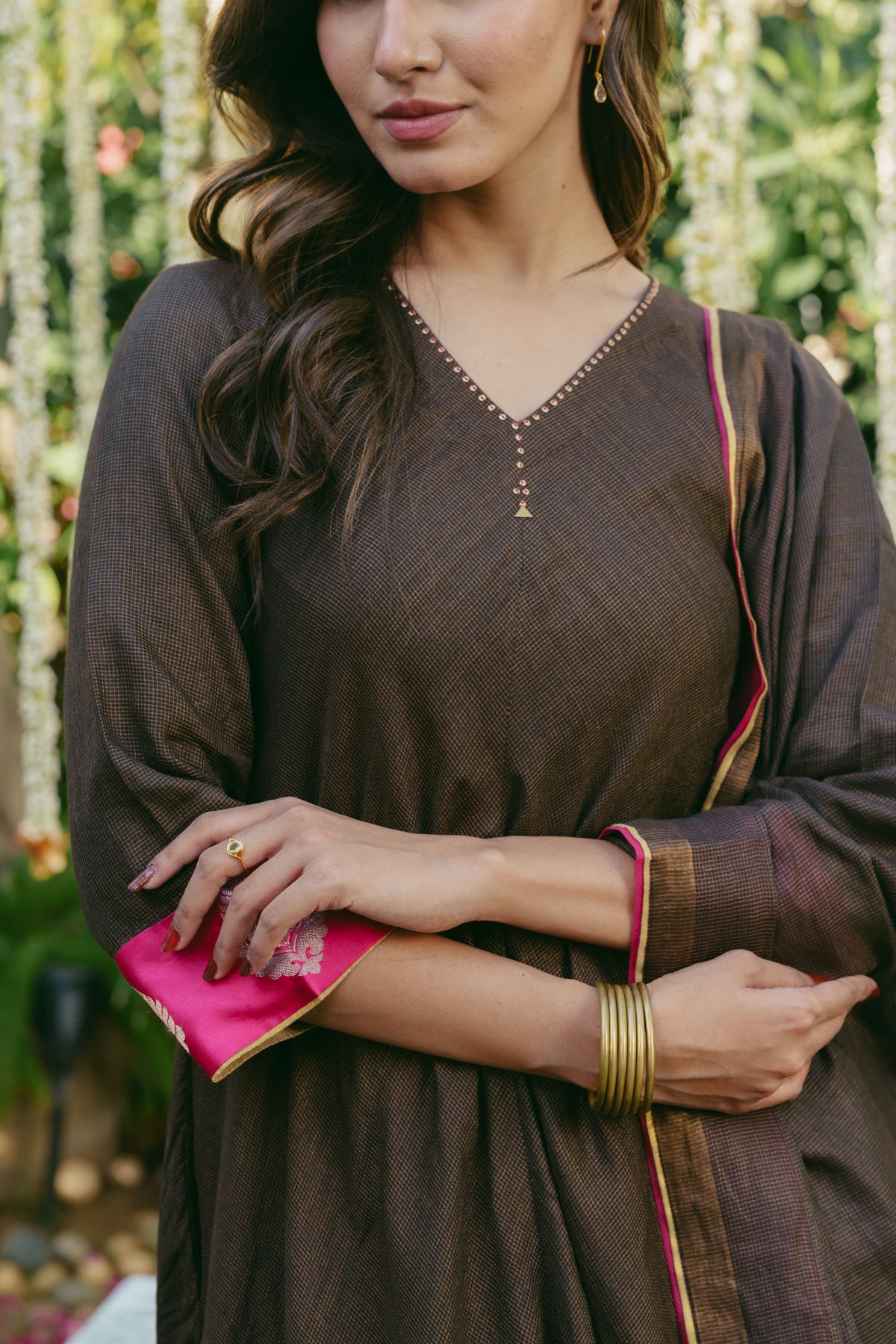 Taara Silk Tissue A-Line Kurta Set in Brown