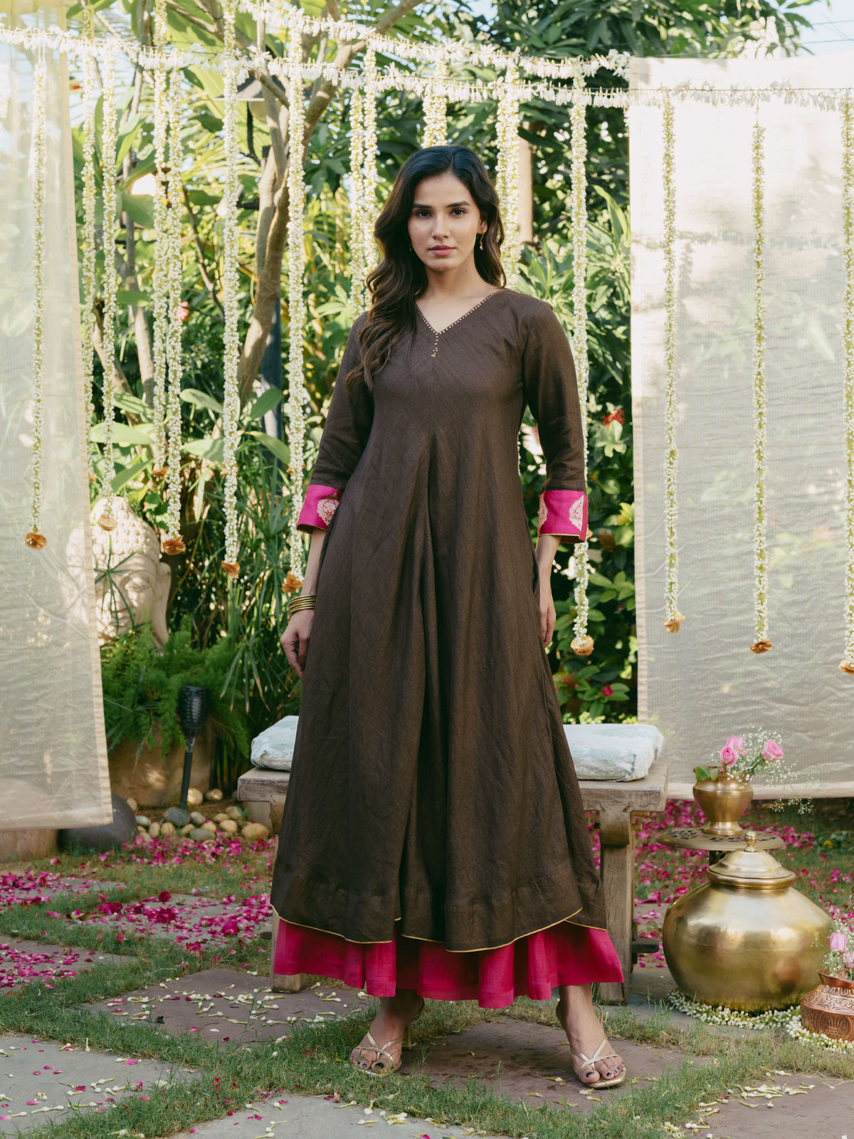 Taara Silk Tissue A-Line Kurta Set in Brown