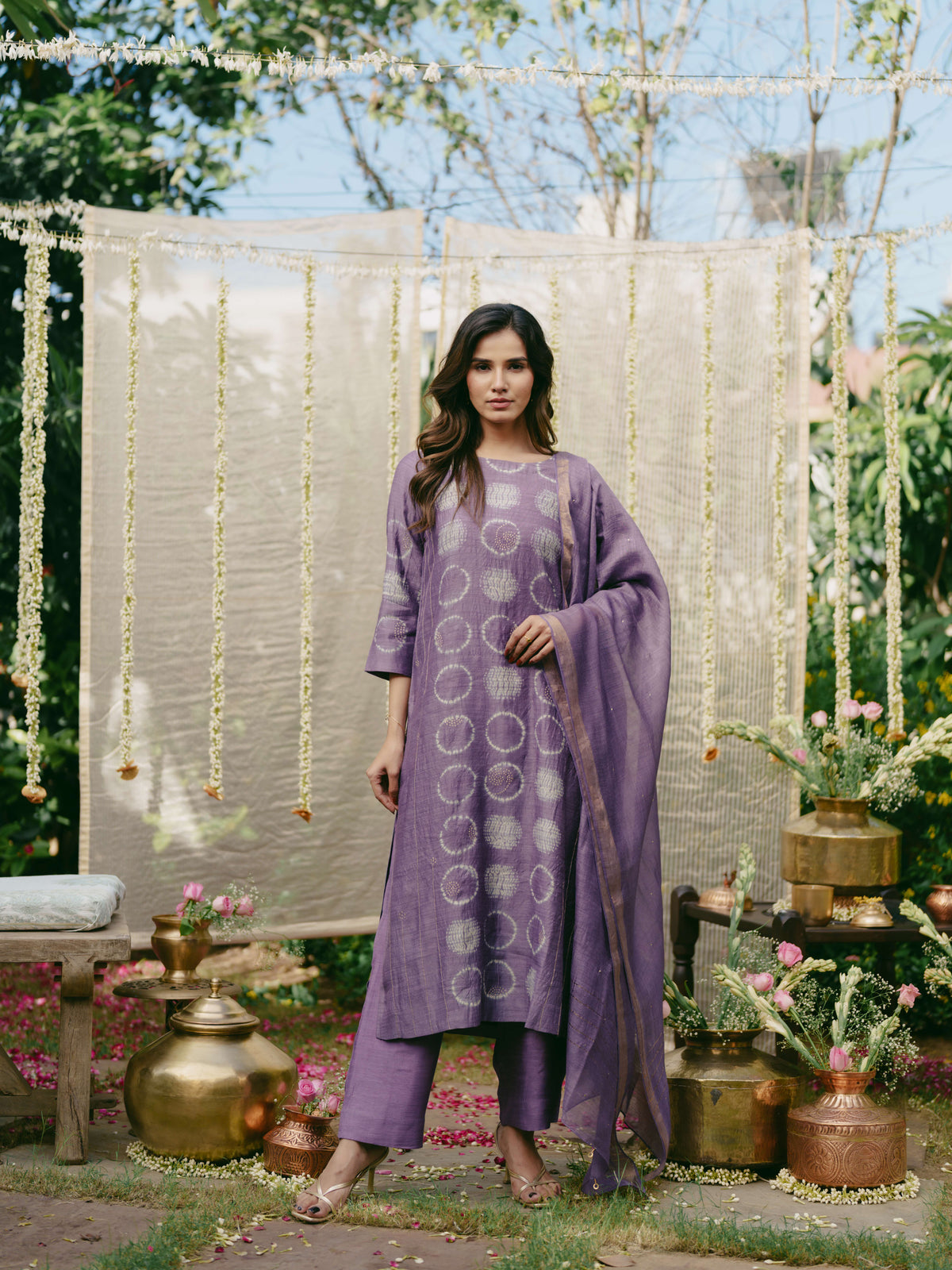 Taara Pure Silk Shibori Kurta Set of three in Lavender