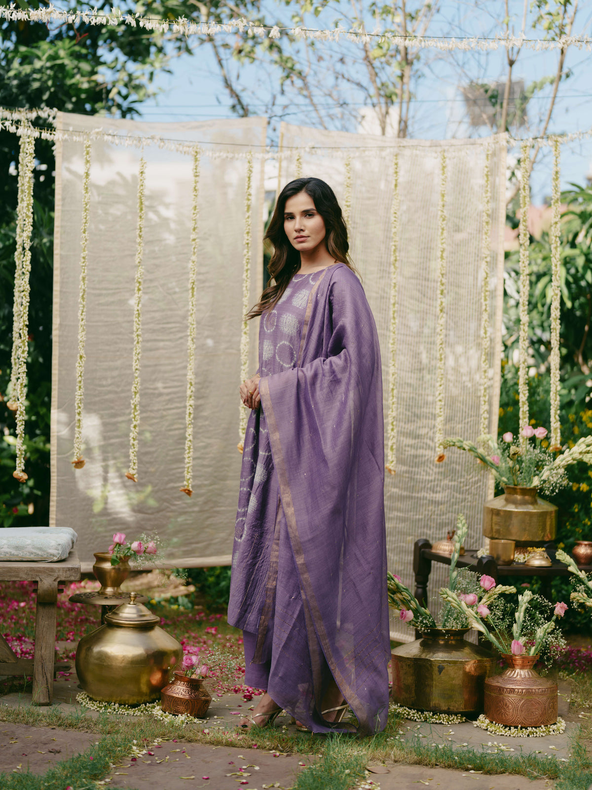 Taara Pure Silk Shibori Kurta Set of three in Lavender